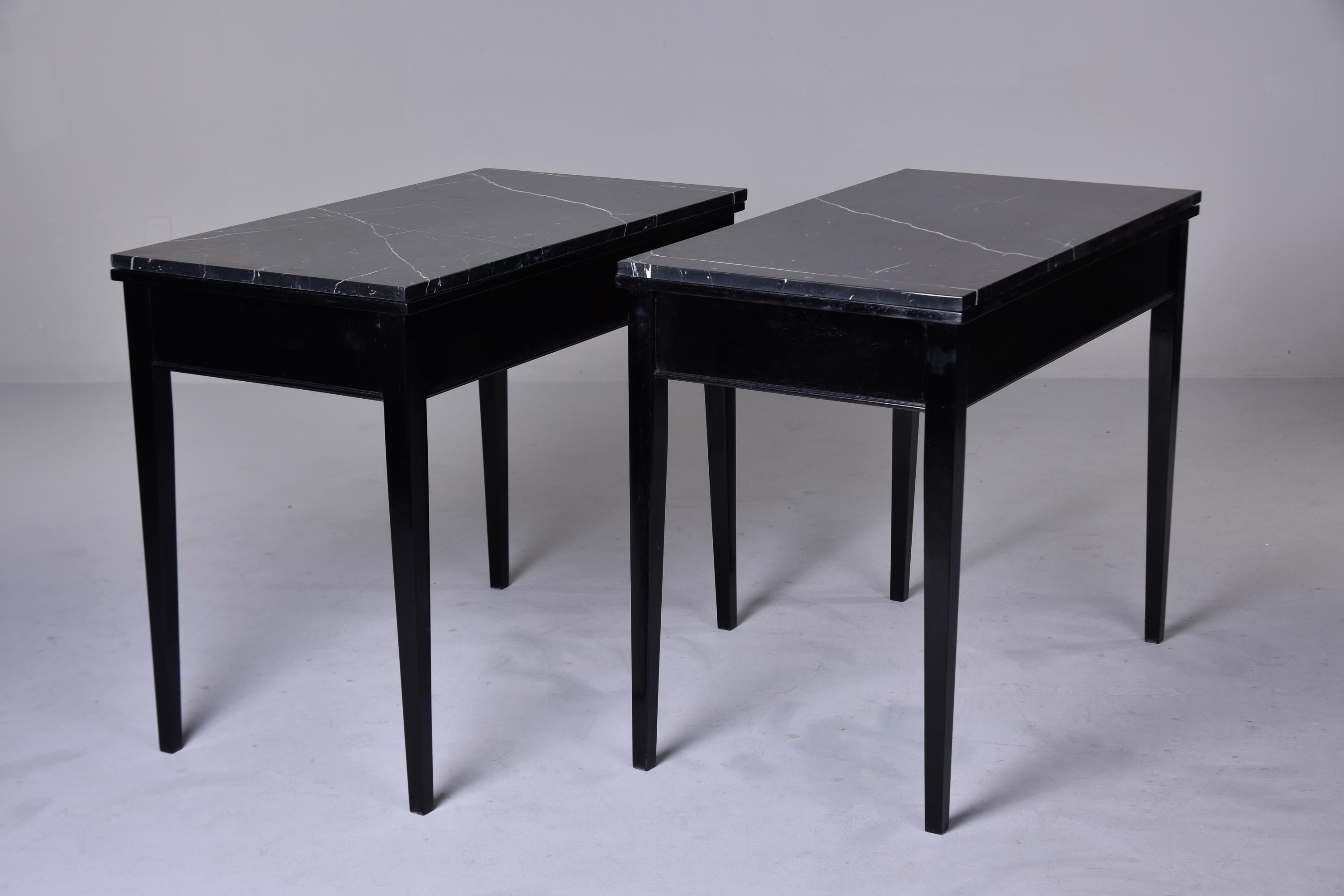 Brass Pair Early 20th C English Ebonised Side Desks with Marble Tops For Sale