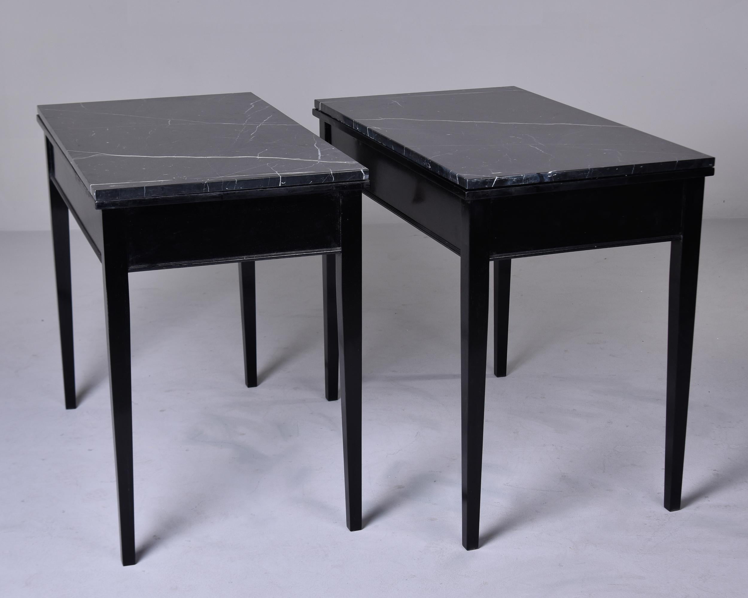 Pair Early 20th C English Ebonised Side Desks with Marble Tops For Sale 1