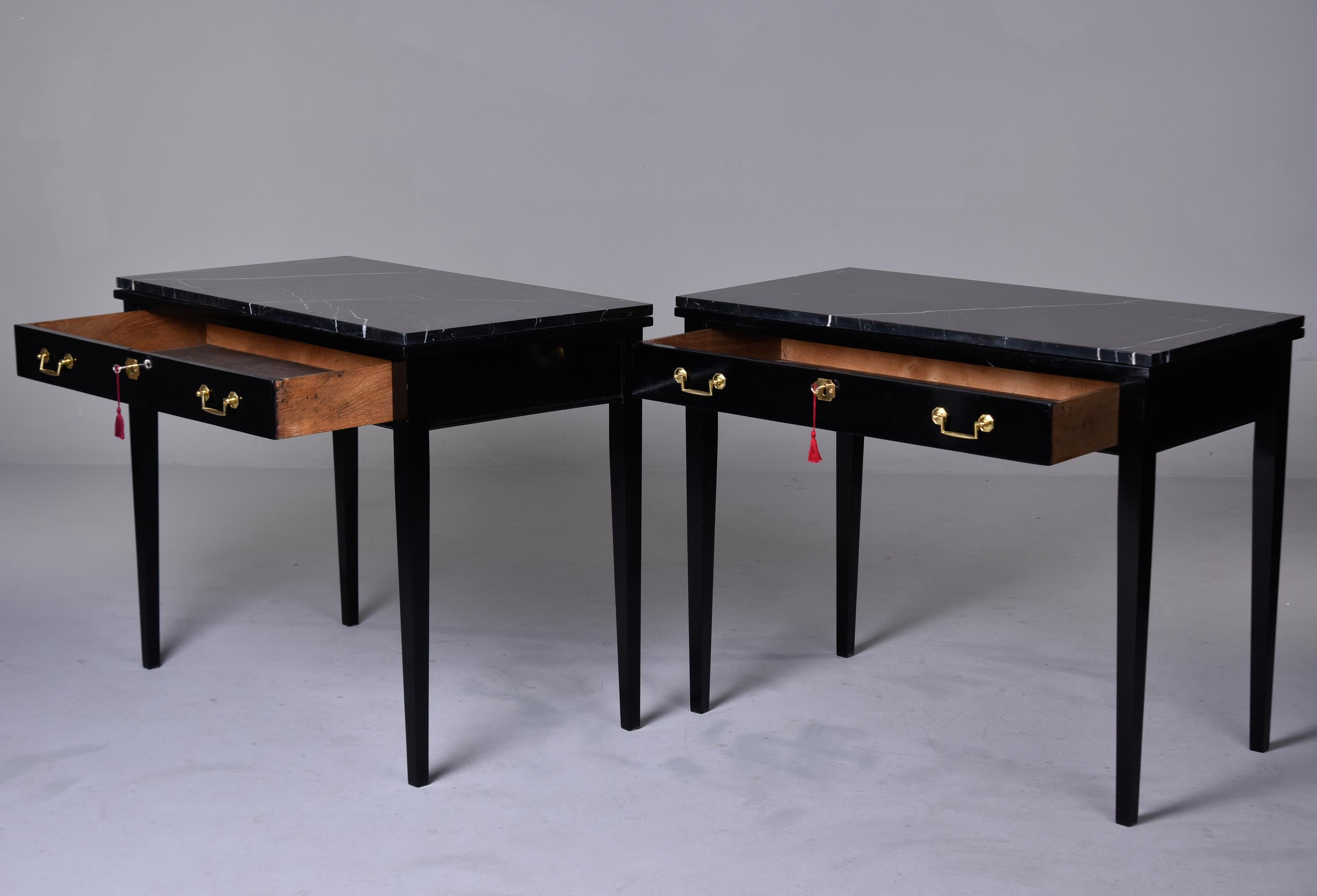 Pair Early 20th C English Ebonised Side Desks with Marble Tops For Sale 2