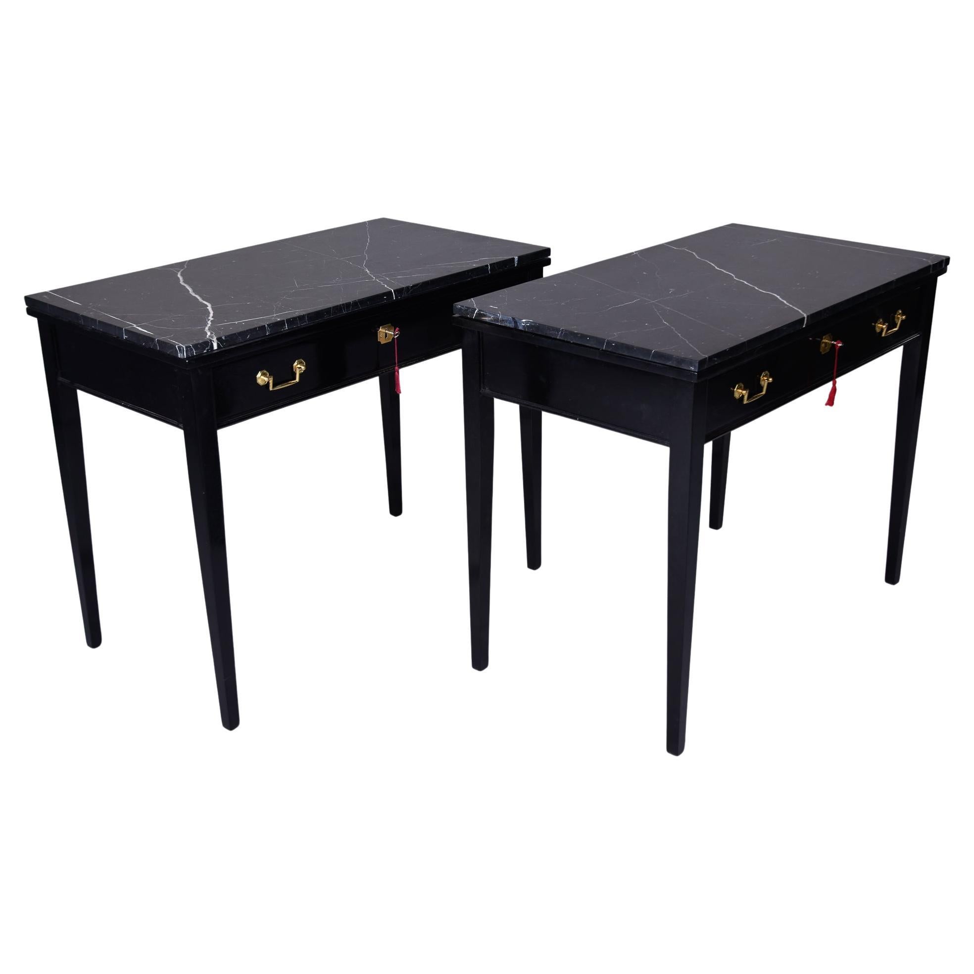 Pair Early 20th C English Ebonised Side Desks with Marble Tops For Sale