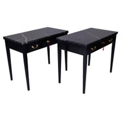 Antique Pair Early 20th C English Ebonised Side Desks with Marble Tops