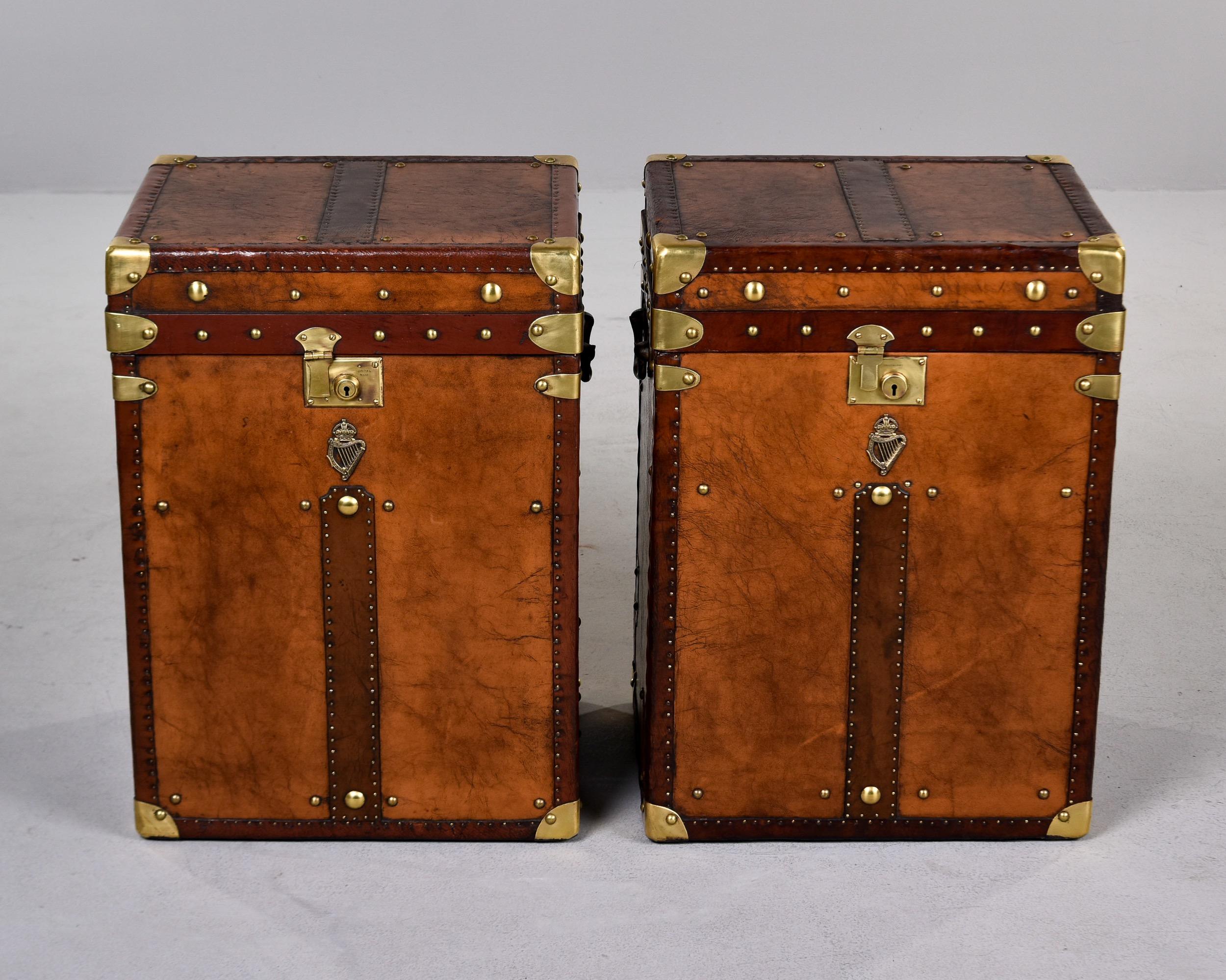 Pair Early 20th C English Regimental Leather Covered Trunks In Good Condition For Sale In Troy, MI