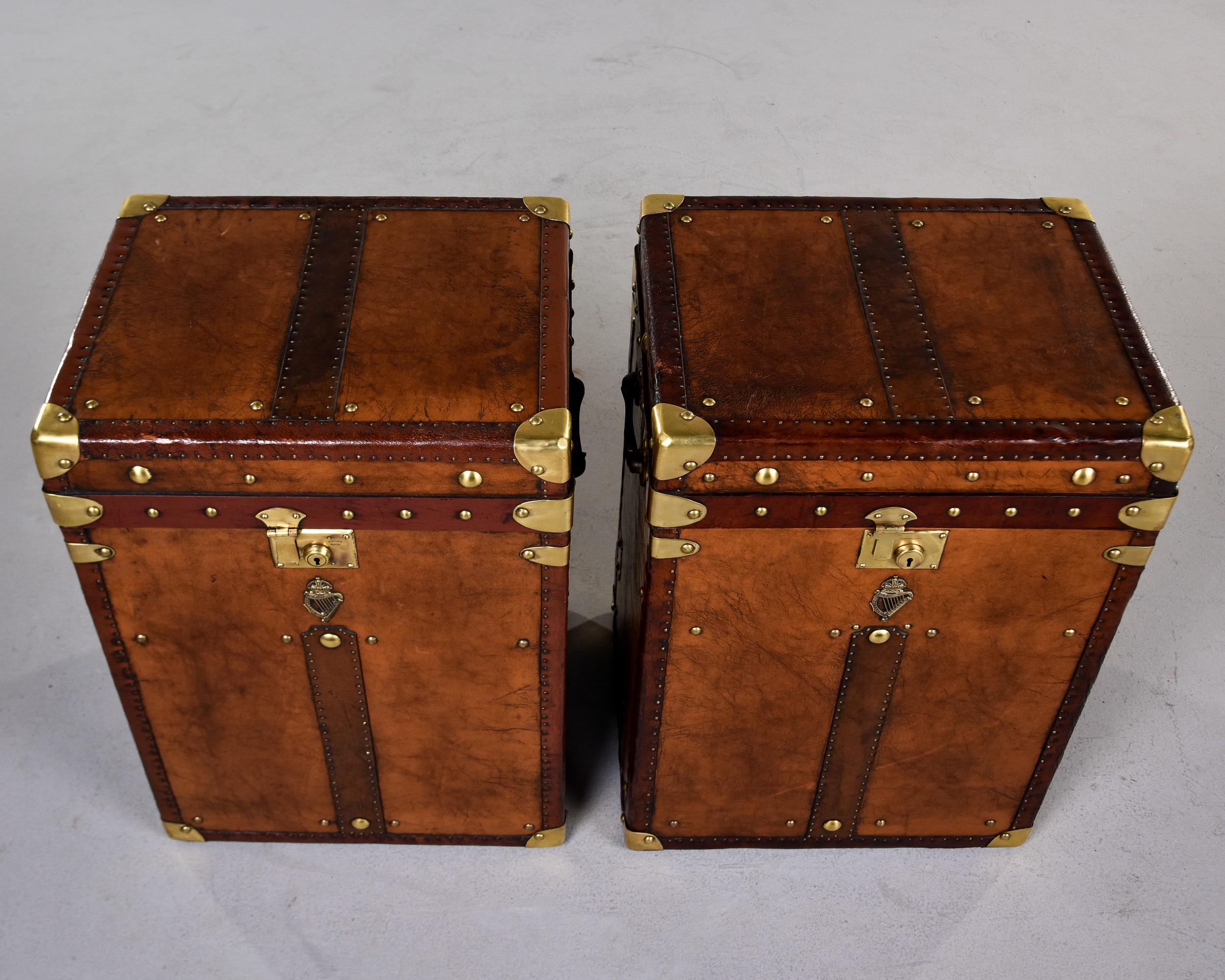 20th Century Pair Early 20th C English Regimental Leather Covered Trunks For Sale