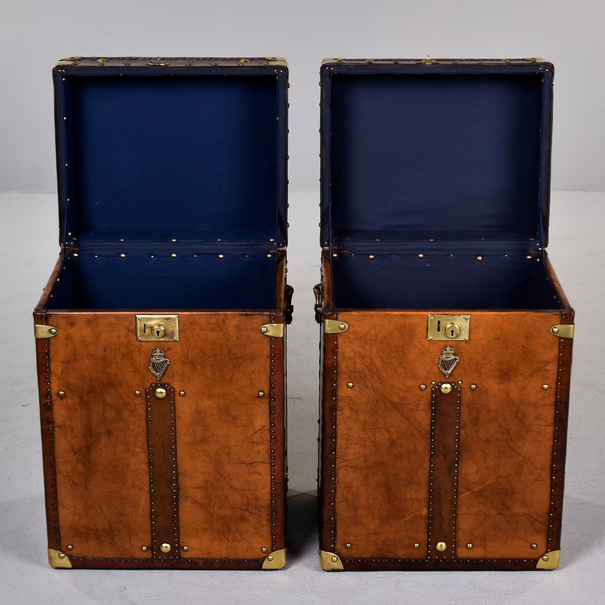 Brass Pair Early 20th C English Regimental Leather Covered Trunks For Sale