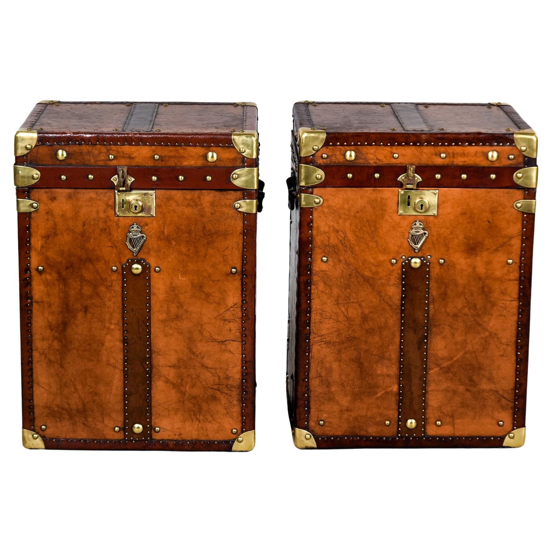 Pair Early 20th C English Regimental Leather Covered Trunks