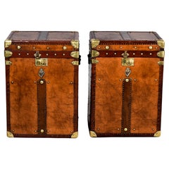 Pair Early 20th C English Regimental Leather Covered Trunks