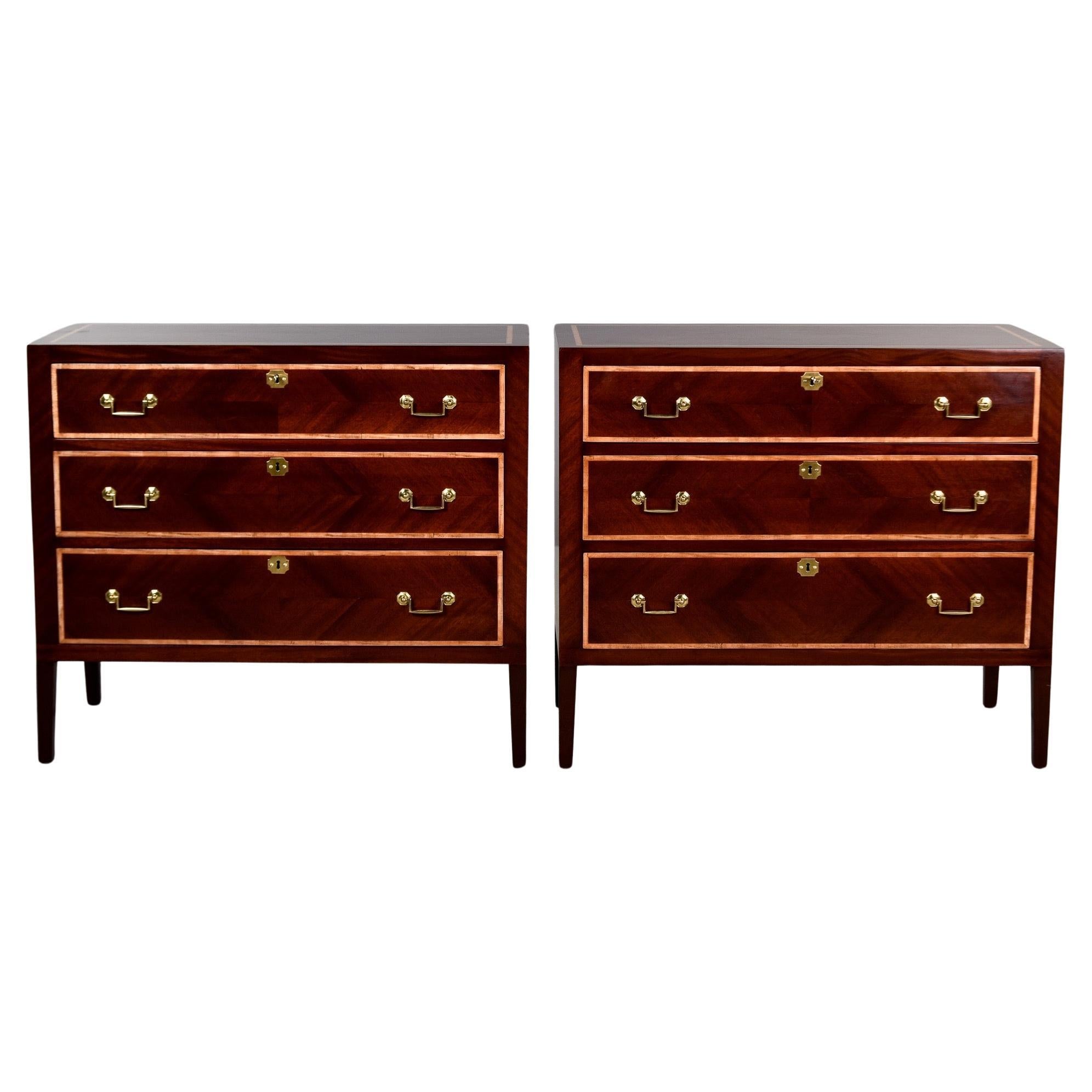 Pair Early 20th C English Walnut Three Drawer Chests For Sale