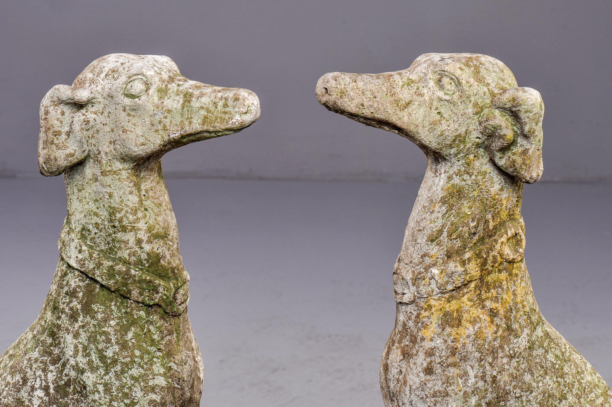 Pair of French whippet dog garden statues, circa 1910s. Unknown maker. Lots of age, honest wear and moss. Unknown maker. Sold and priced as a pair.