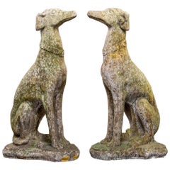 Antique Pair of Early 20th Century French Whippet Dog Garden Statues