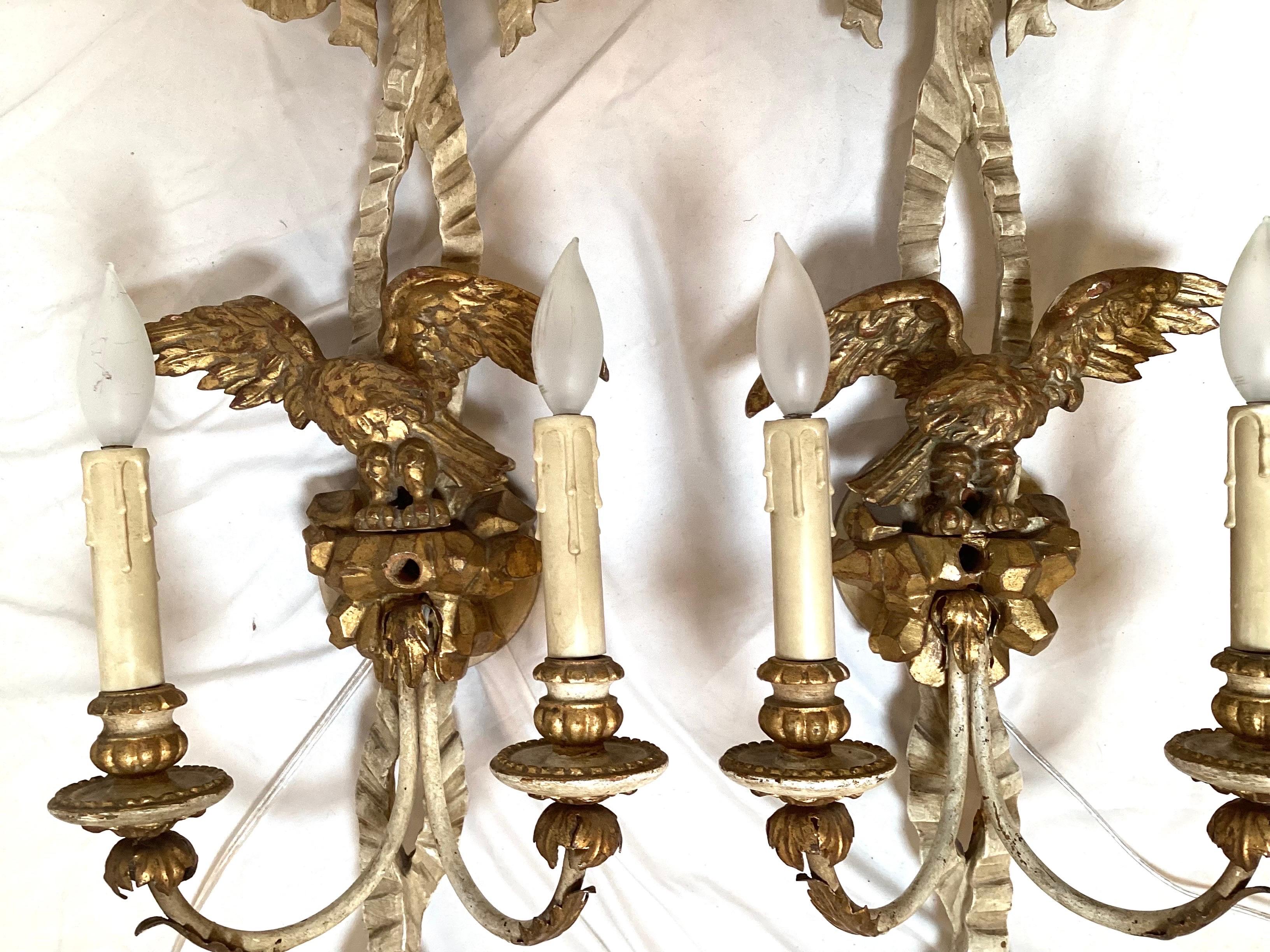 Federal Pair Early 20th C. Hand Carved Continental Parcel Gilt Eagle Motif Wall Sconces For Sale