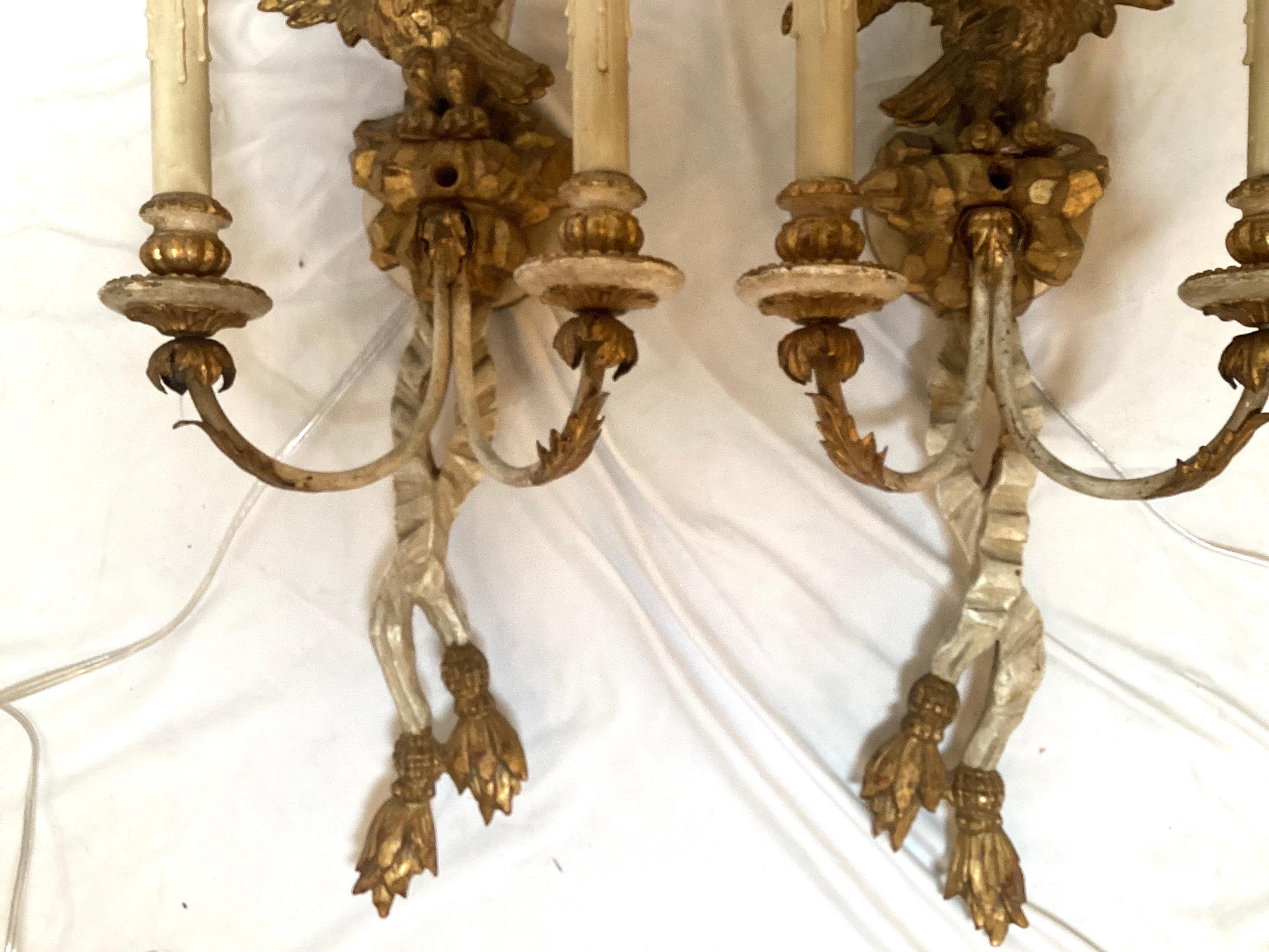 Italian Pair Early 20th C. Hand Carved Continental Parcel Gilt Eagle Motif Wall Sconces For Sale