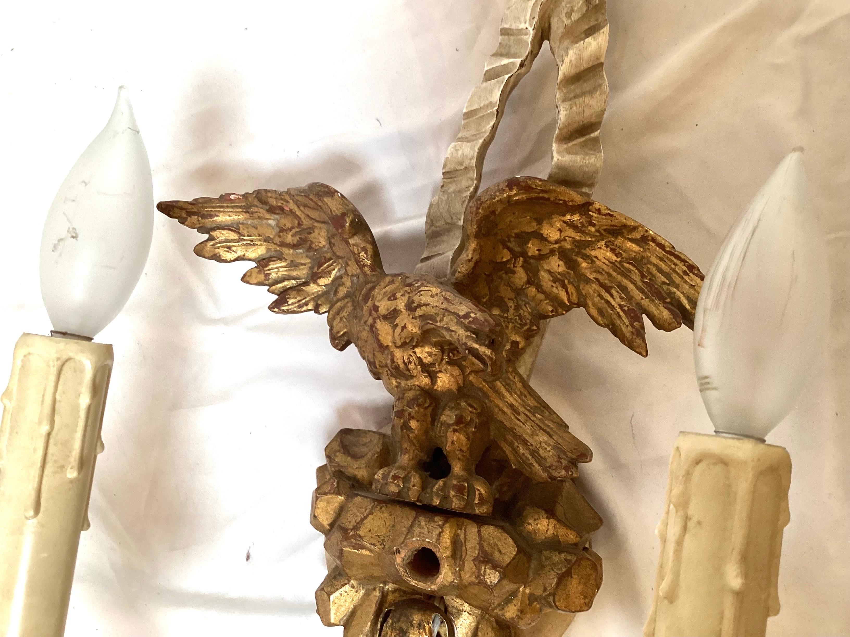 Hand-Carved Pair Early 20th C. Hand Carved Continental Parcel Gilt Eagle Motif Wall Sconces For Sale