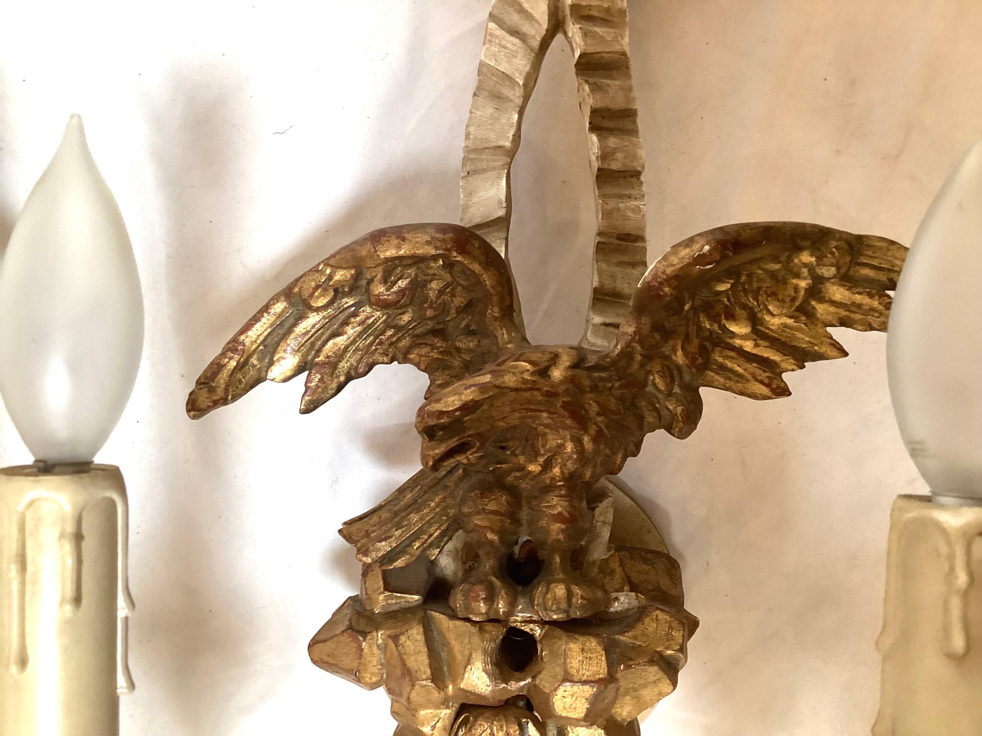 Pair Early 20th C. Hand Carved Continental Parcel Gilt Eagle Motif Wall Sconces In Good Condition For Sale In Lambertville, NJ