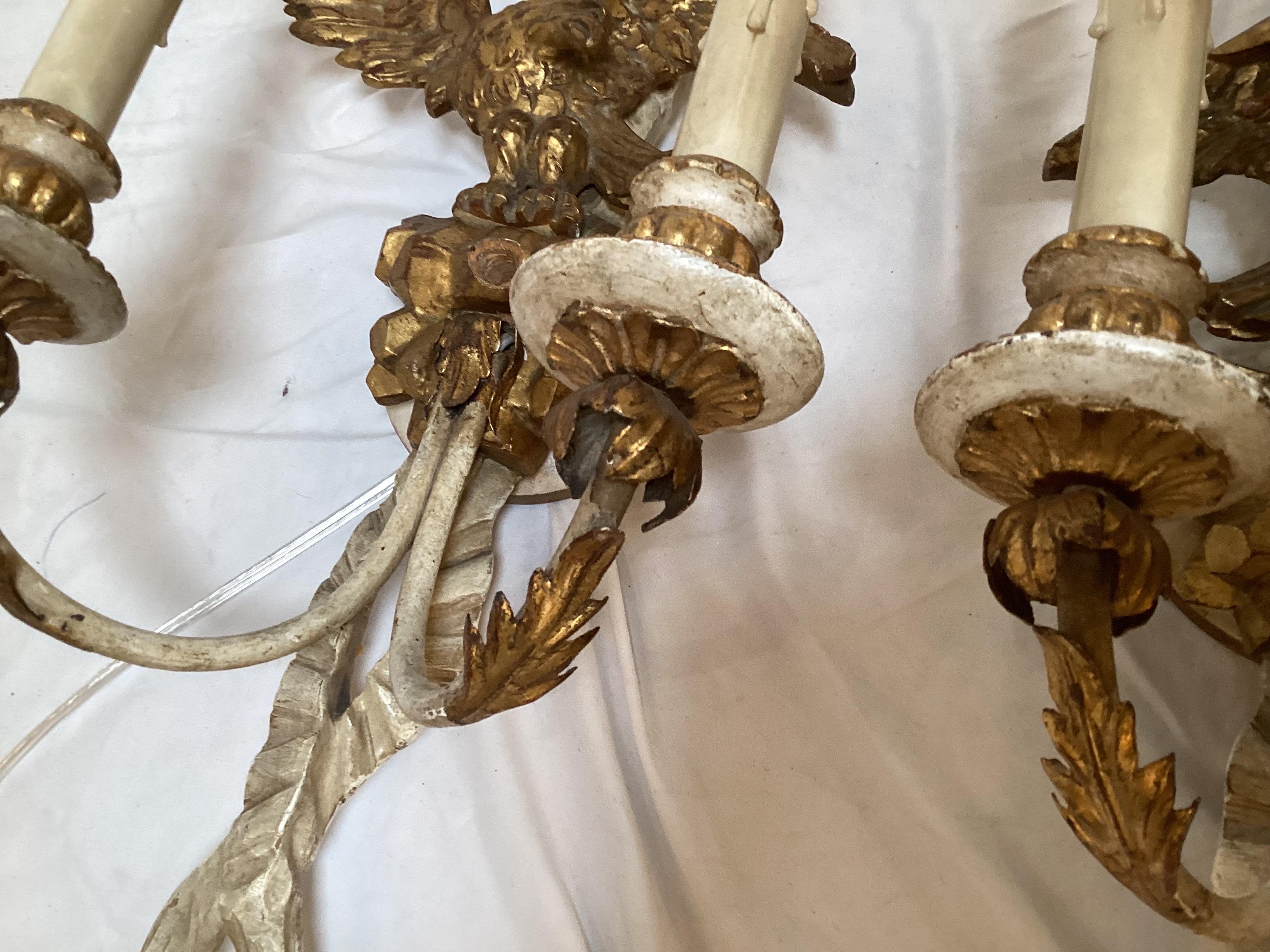 20th Century Pair Early 20th C. Hand Carved Continental Parcel Gilt Eagle Motif Wall Sconces For Sale