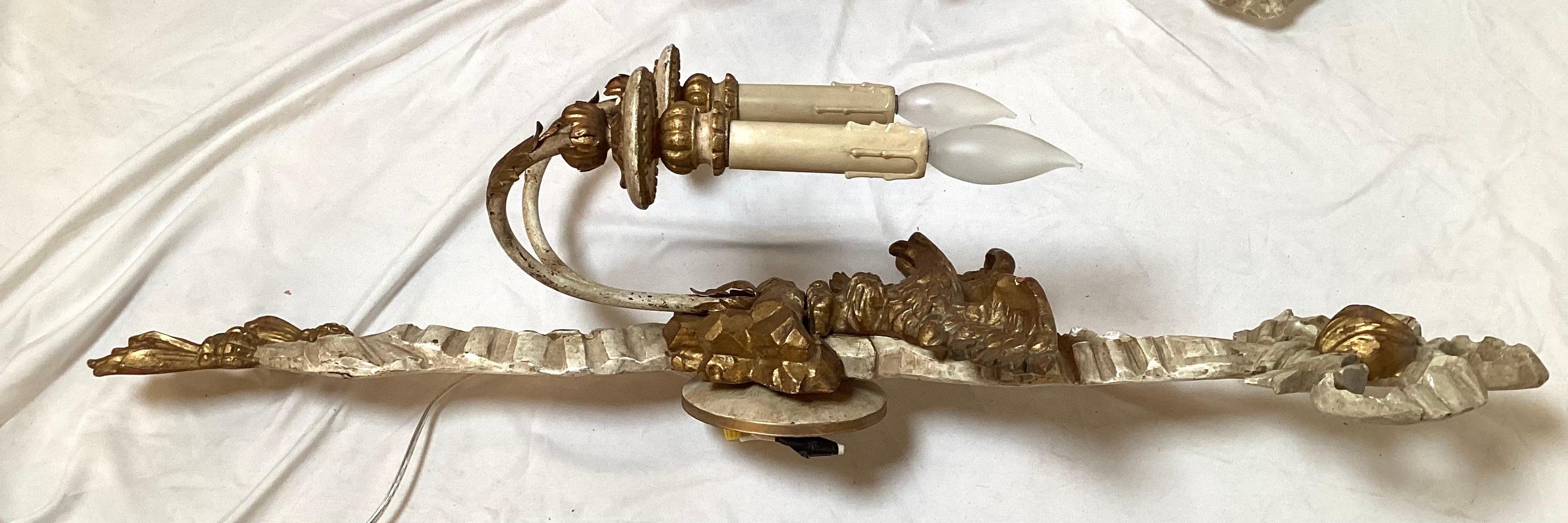 Pair Early 20th C. Hand Carved Continental Parcel Gilt Eagle Motif Wall Sconces For Sale 1