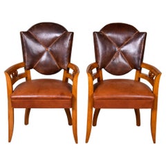 Pair Early 20th Century Italian Leather and Walnut Armchairs