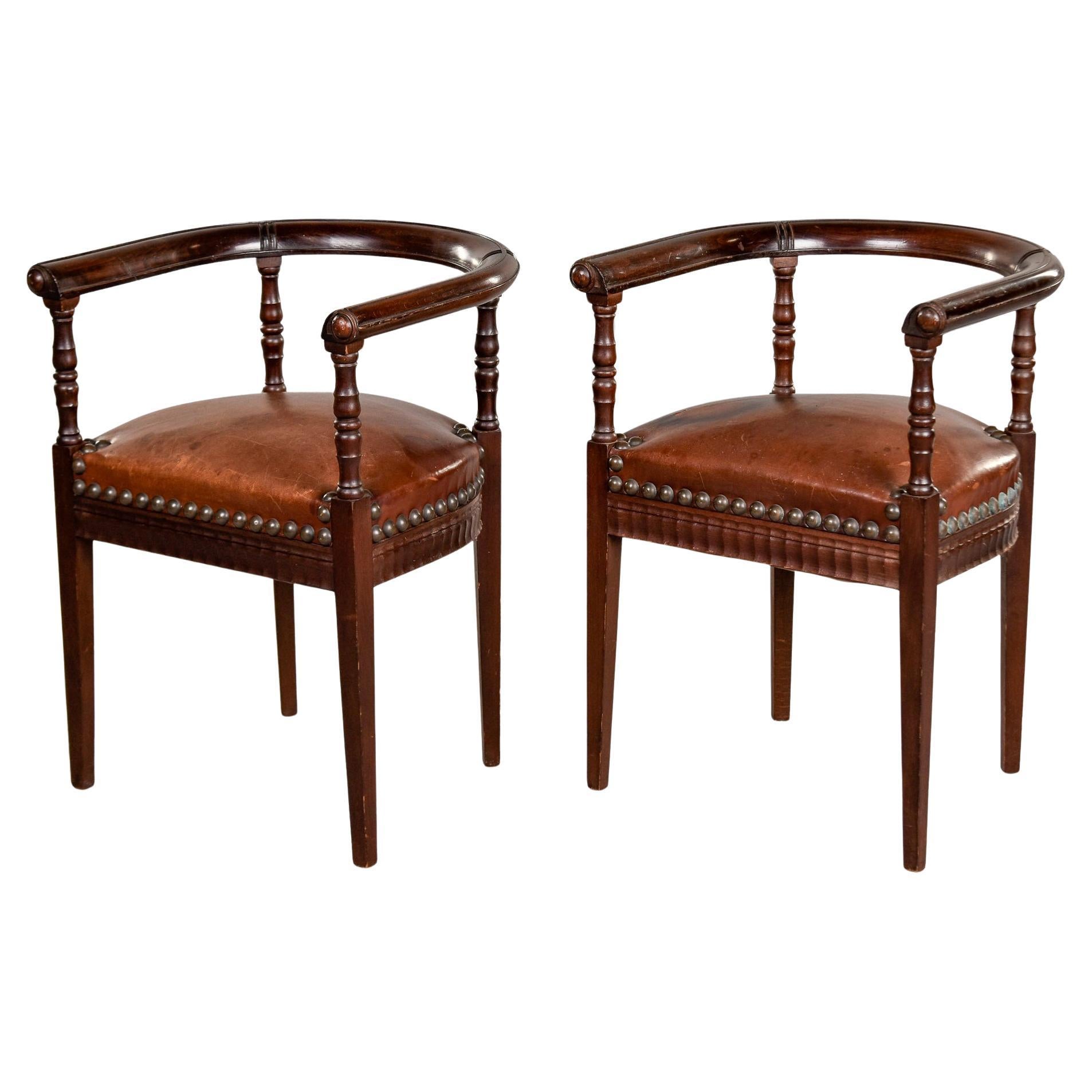 Pair Early 20th C Mahogany Captains Chairs with Brown Leather