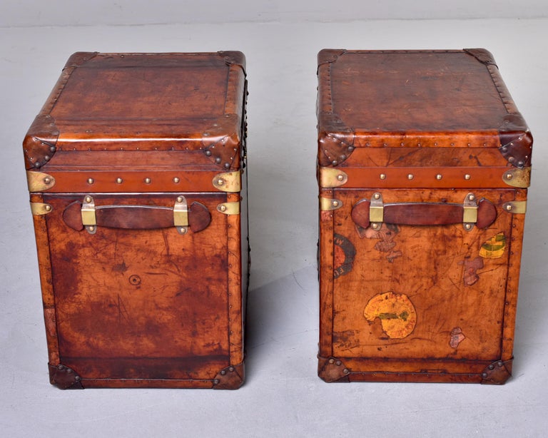 Pair Early 20th C Reconditioned English Leather Covered Trunks In Good Condition In Troy, MI