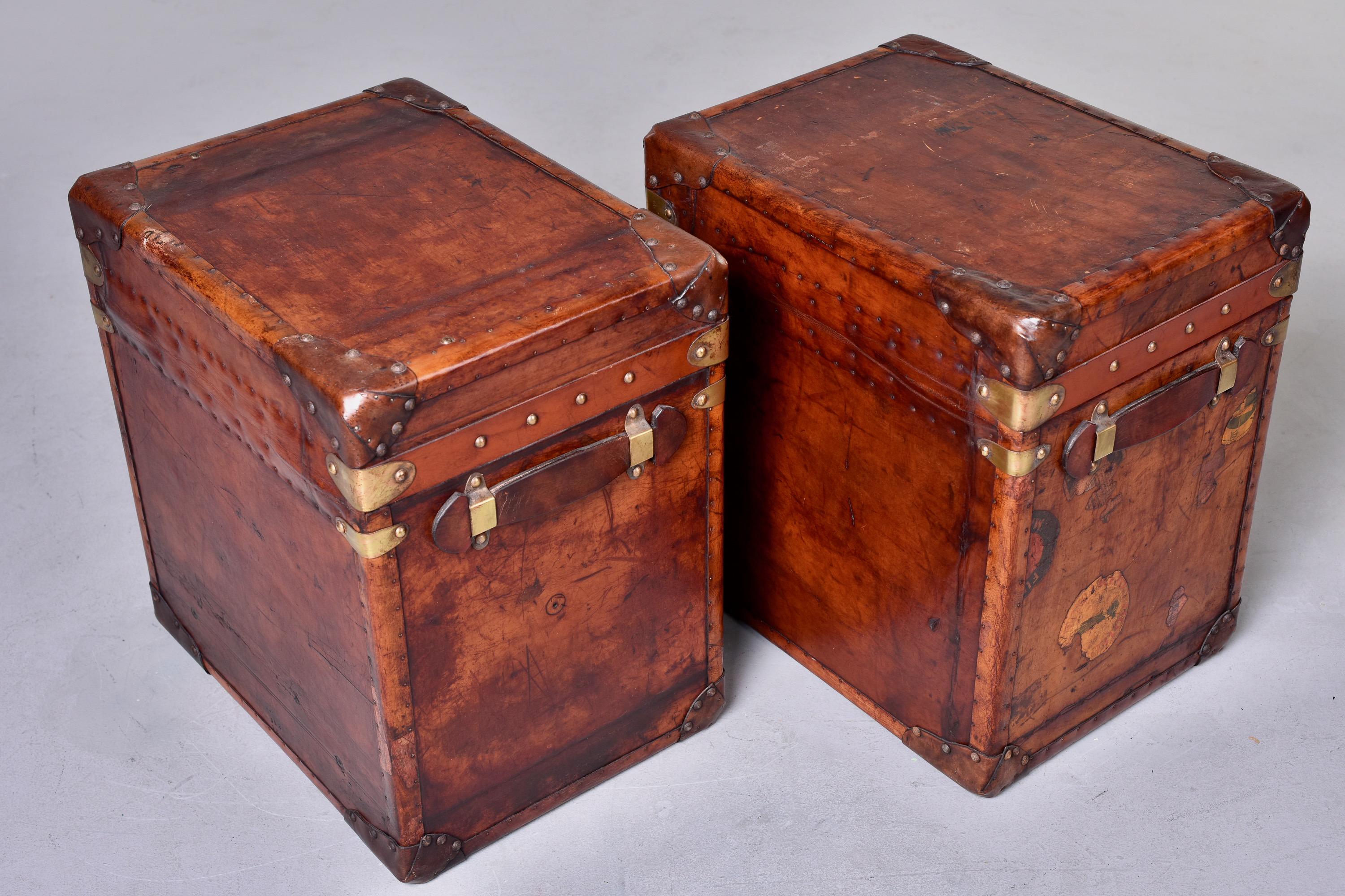 Pair Early 20th C Reconditioned English Leather Covered Trunks In Good Condition In Troy, MI