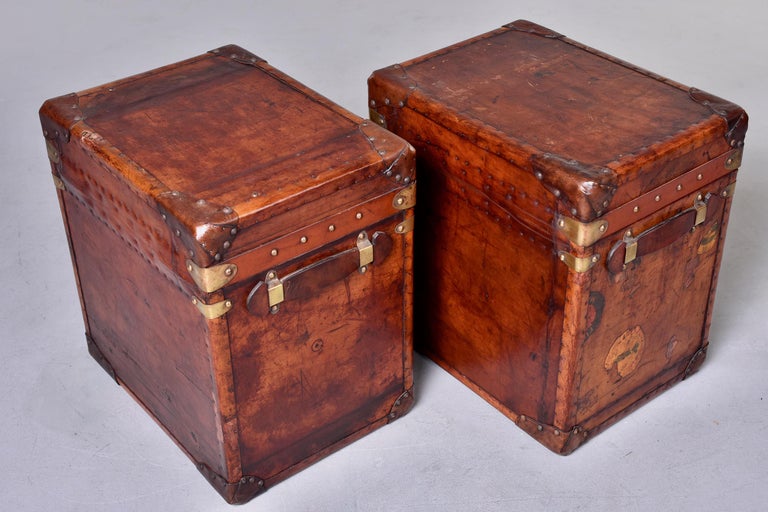 20th Century Pair Early 20th C Reconditioned English Leather Covered Trunks