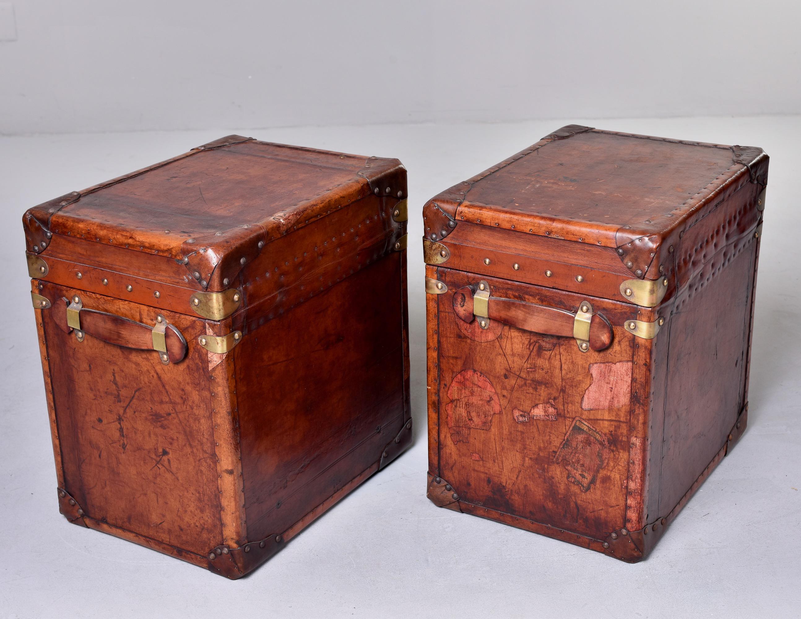 Brass Pair Early 20th C Reconditioned English Leather Covered Trunks