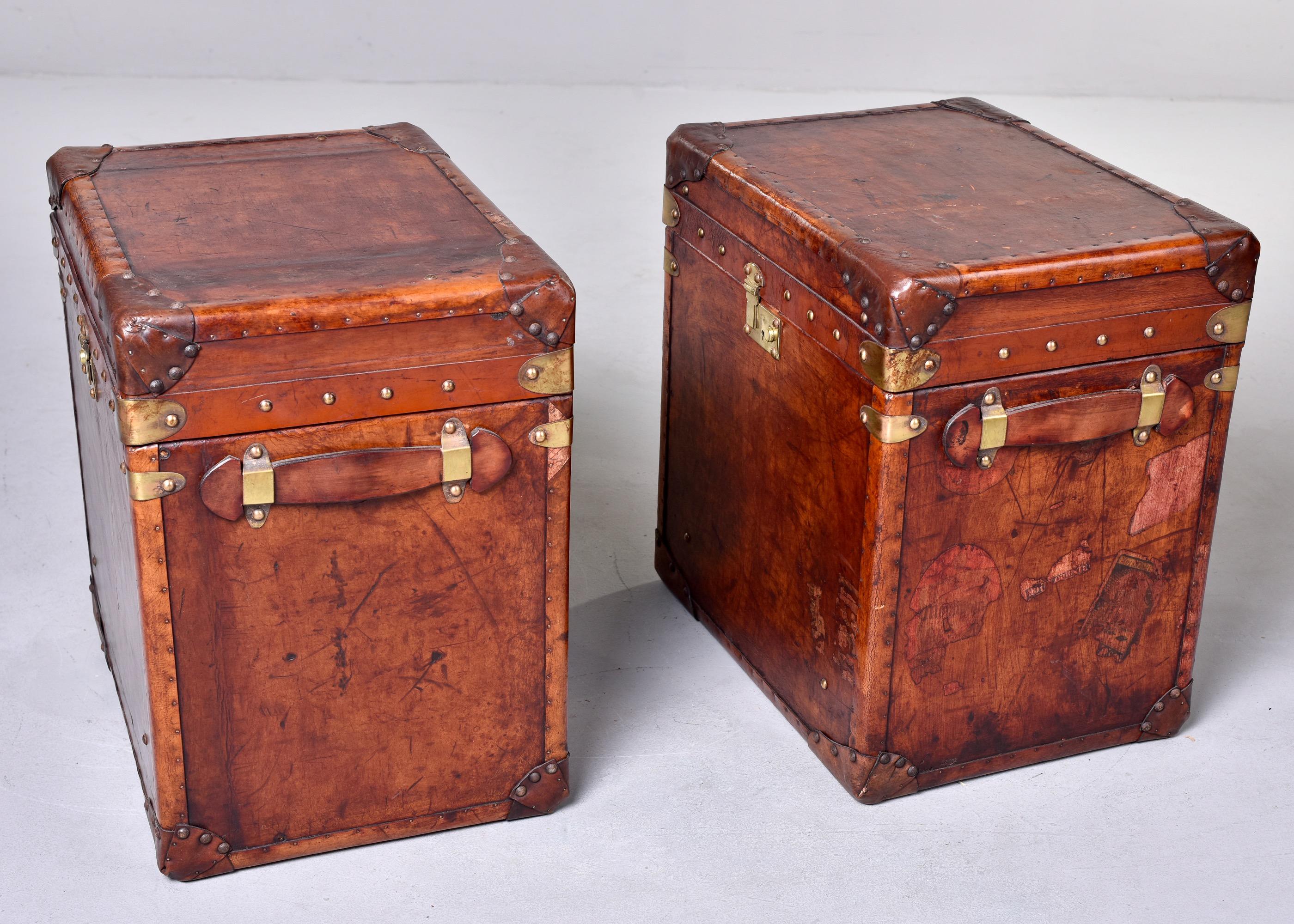 Pair Early 20th C Reconditioned English Leather Covered Trunks 1