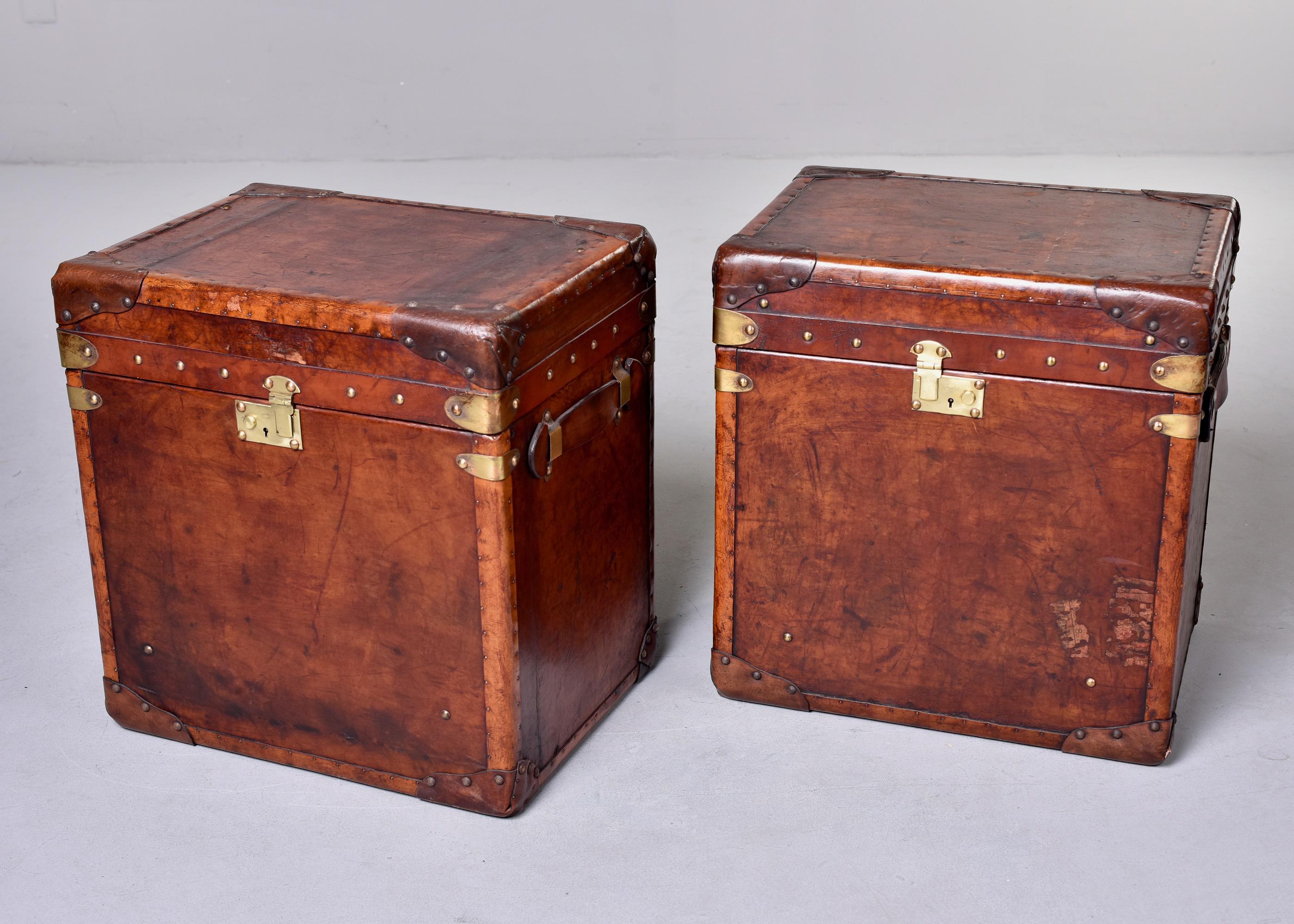 Pair Early 20th C Reconditioned English Leather Covered Trunks 2