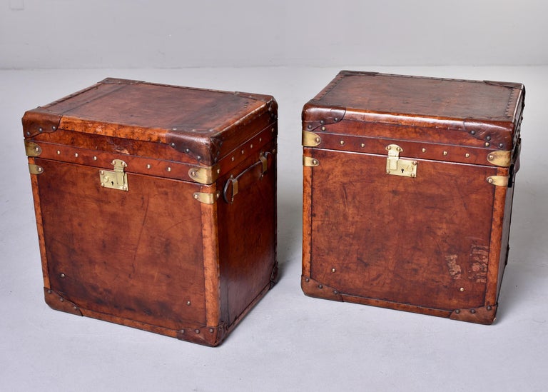 Pair Early 20th C Reconditioned English Leather Covered Trunks 3