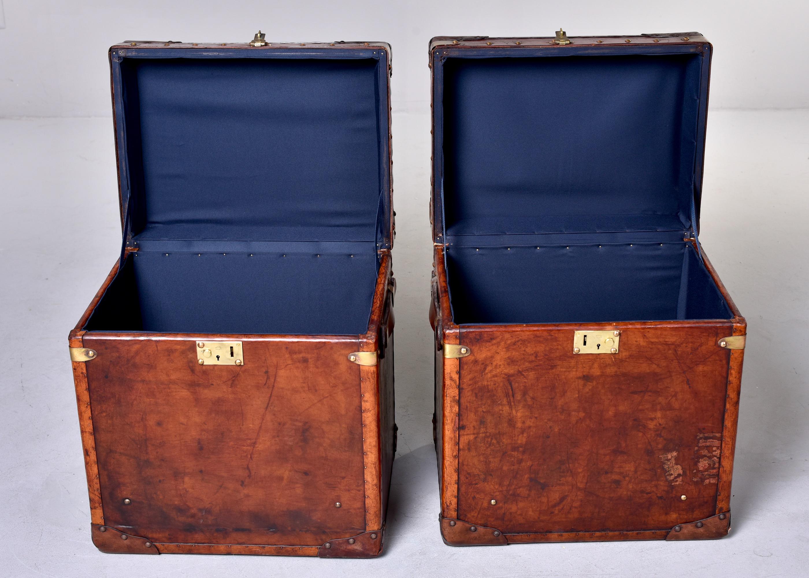 Pair Early 20th C Reconditioned English Leather Covered Trunks 3