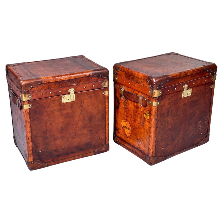 Pair Early 20th C Reconditioned English Leather Covered Trunks