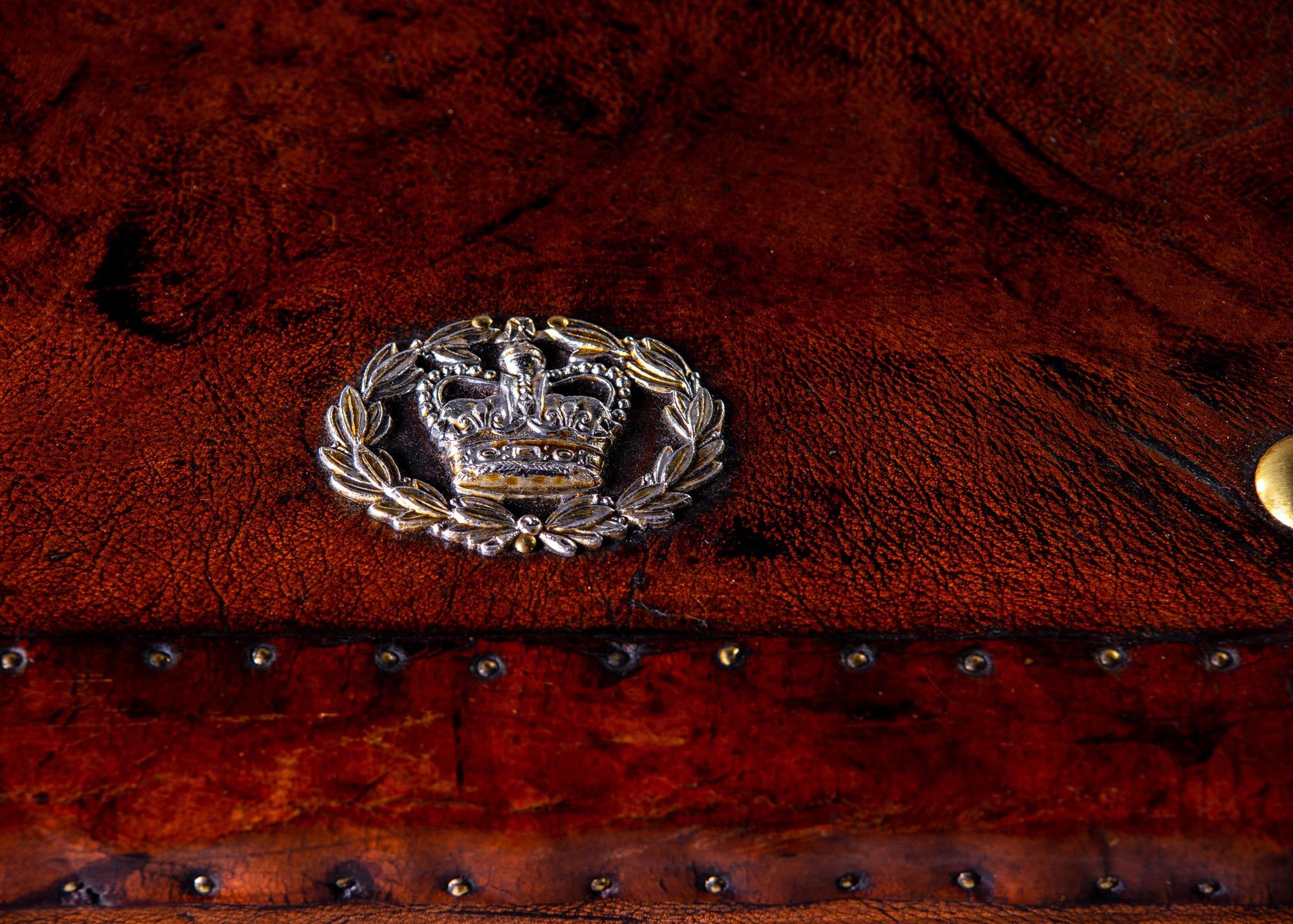 Pair of Restored English Leather Trunks with Regimental Cartouche 6