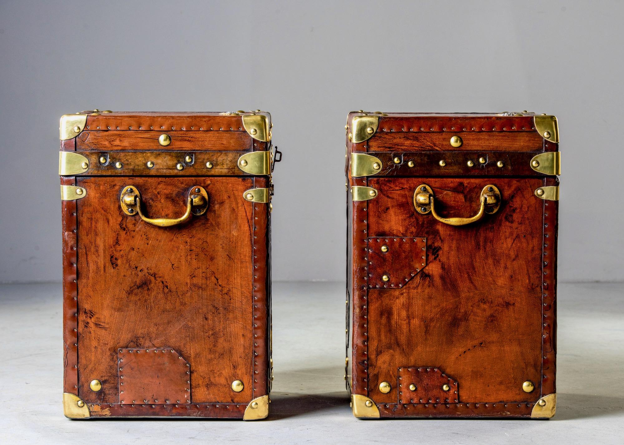 Pair of Restored English Leather Trunks with Regimental Cartouche In Good Condition In Troy, MI