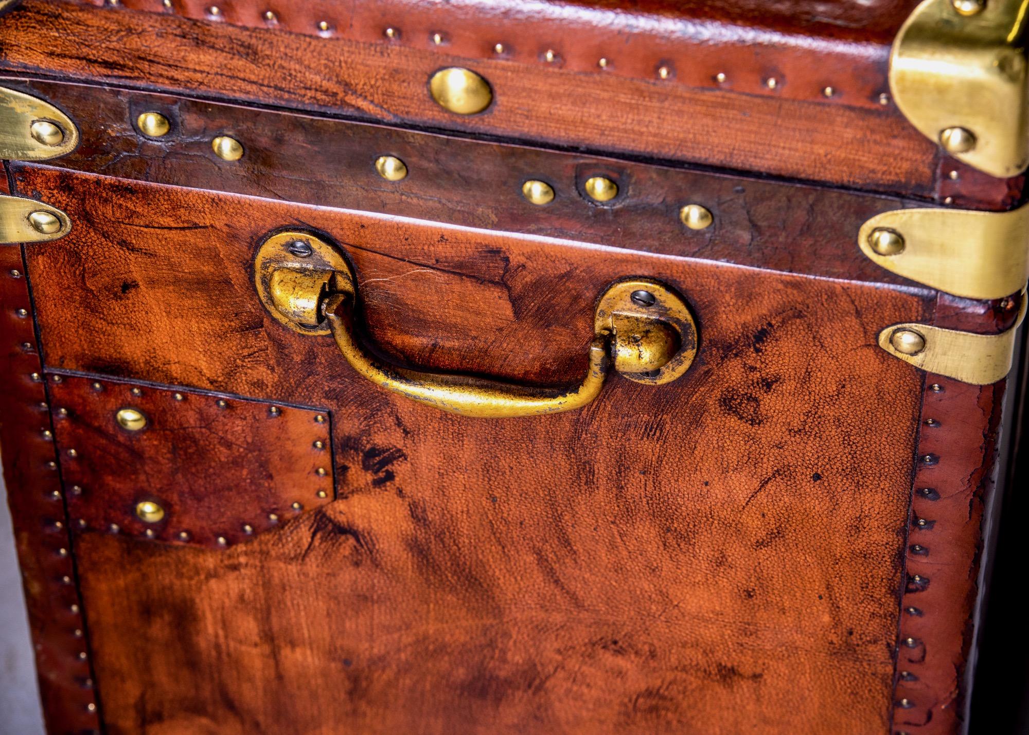 20th Century Pair of Restored English Leather Trunks with Regimental Cartouche