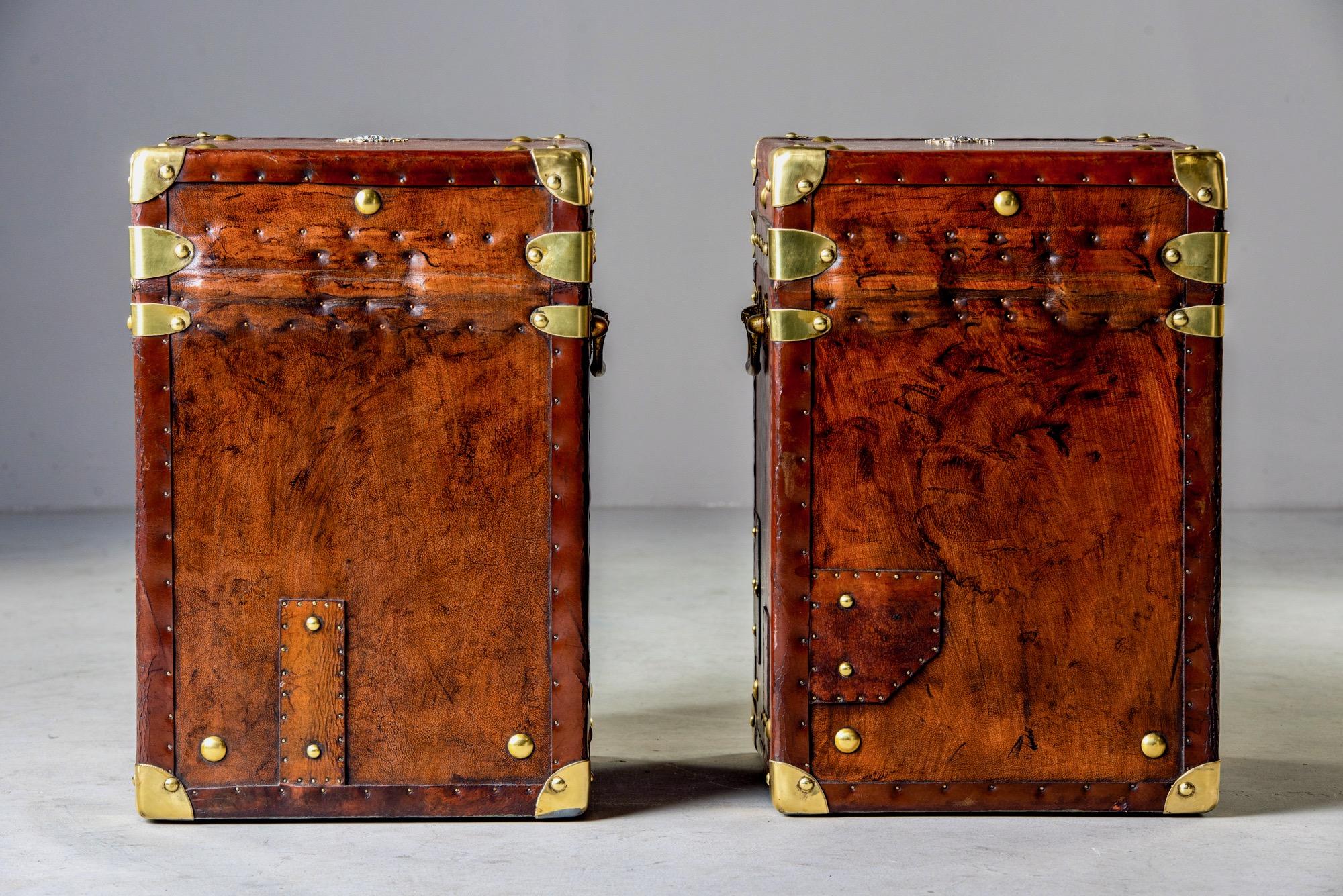 Brass Pair of Restored English Leather Trunks with Regimental Cartouche