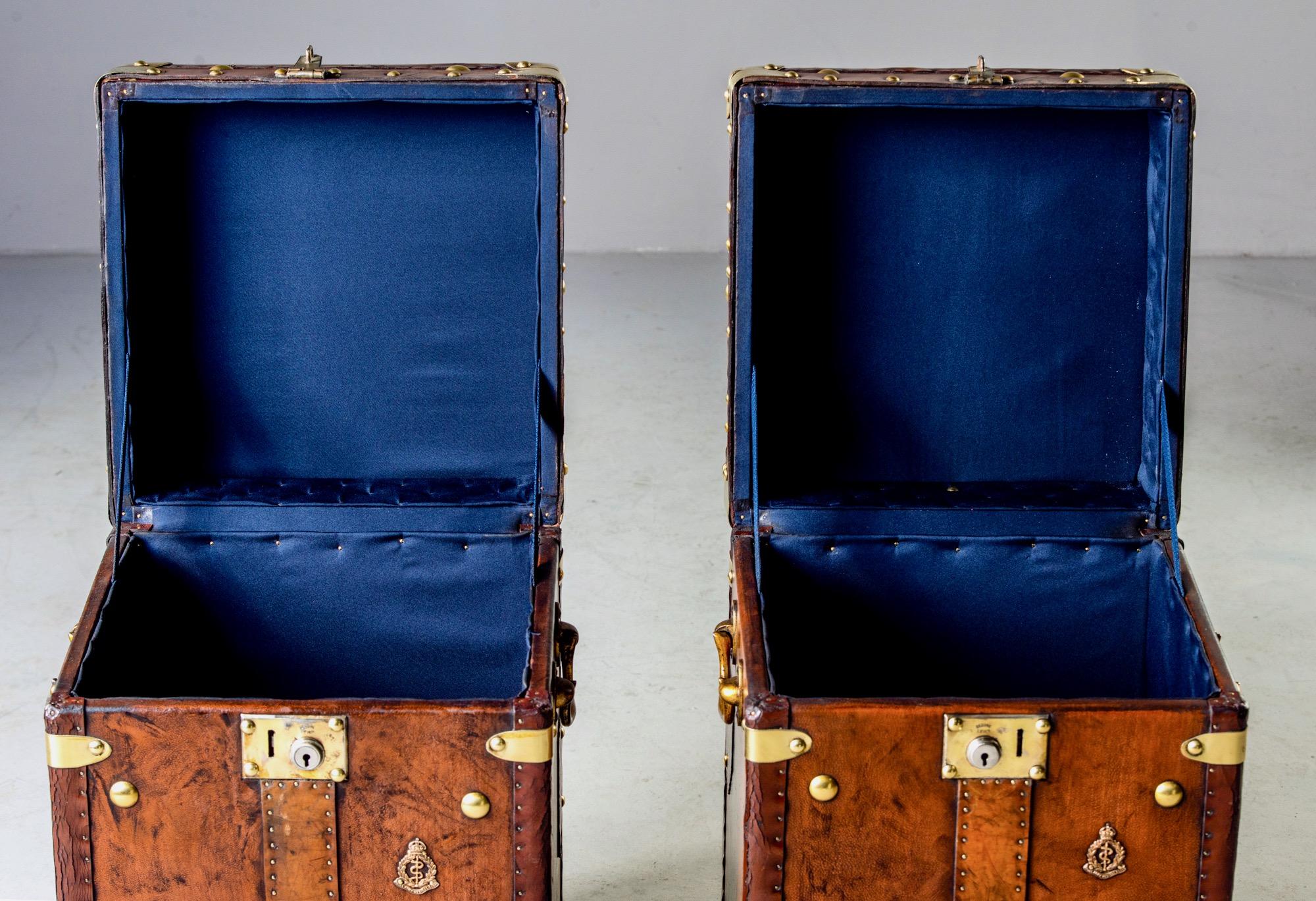 Pair of Restored English Leather Trunks with Regimental Cartouche 1