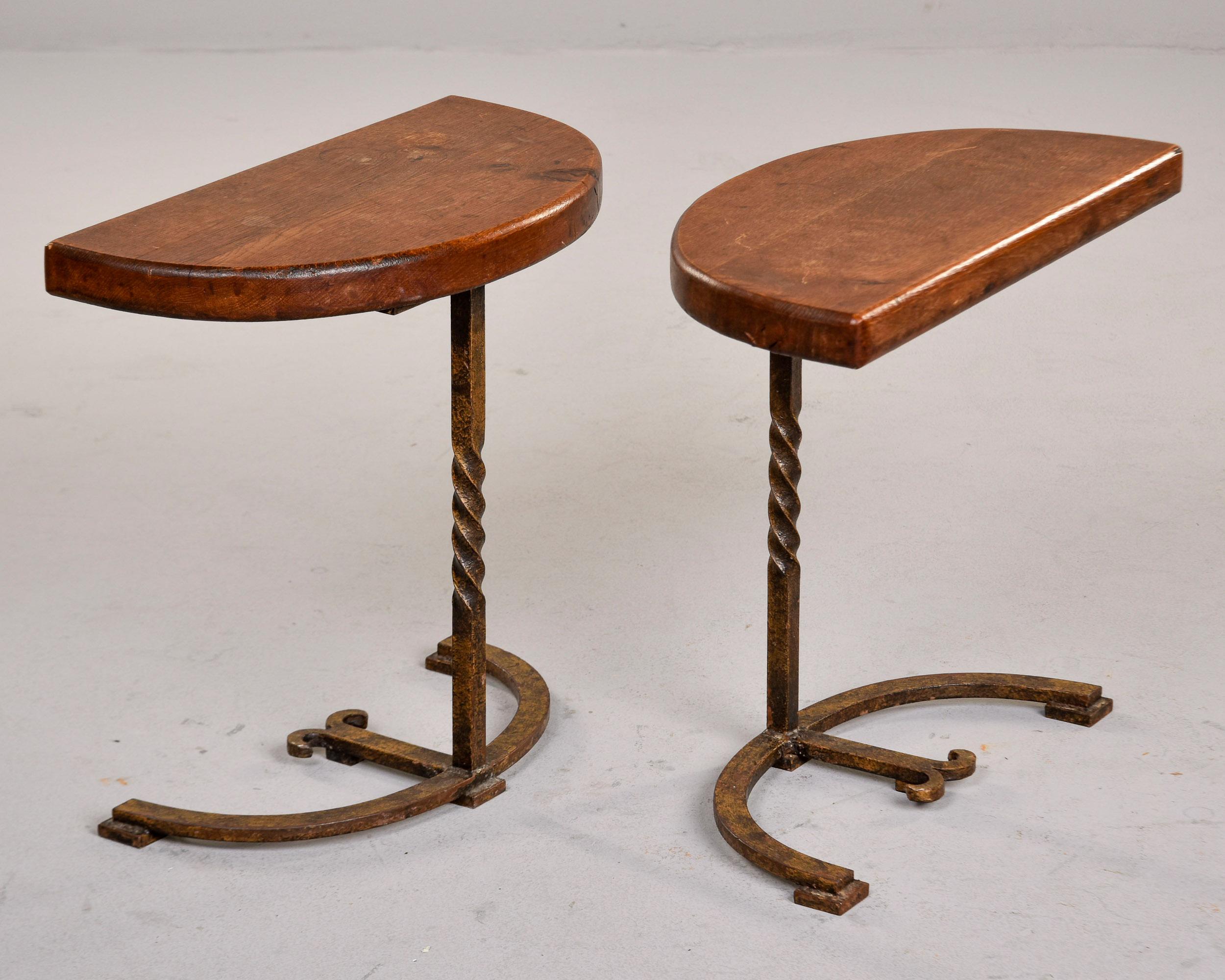 Pair Early 20th C Spanish Half Round Oak Side Tables on Iron Bases For Sale 6