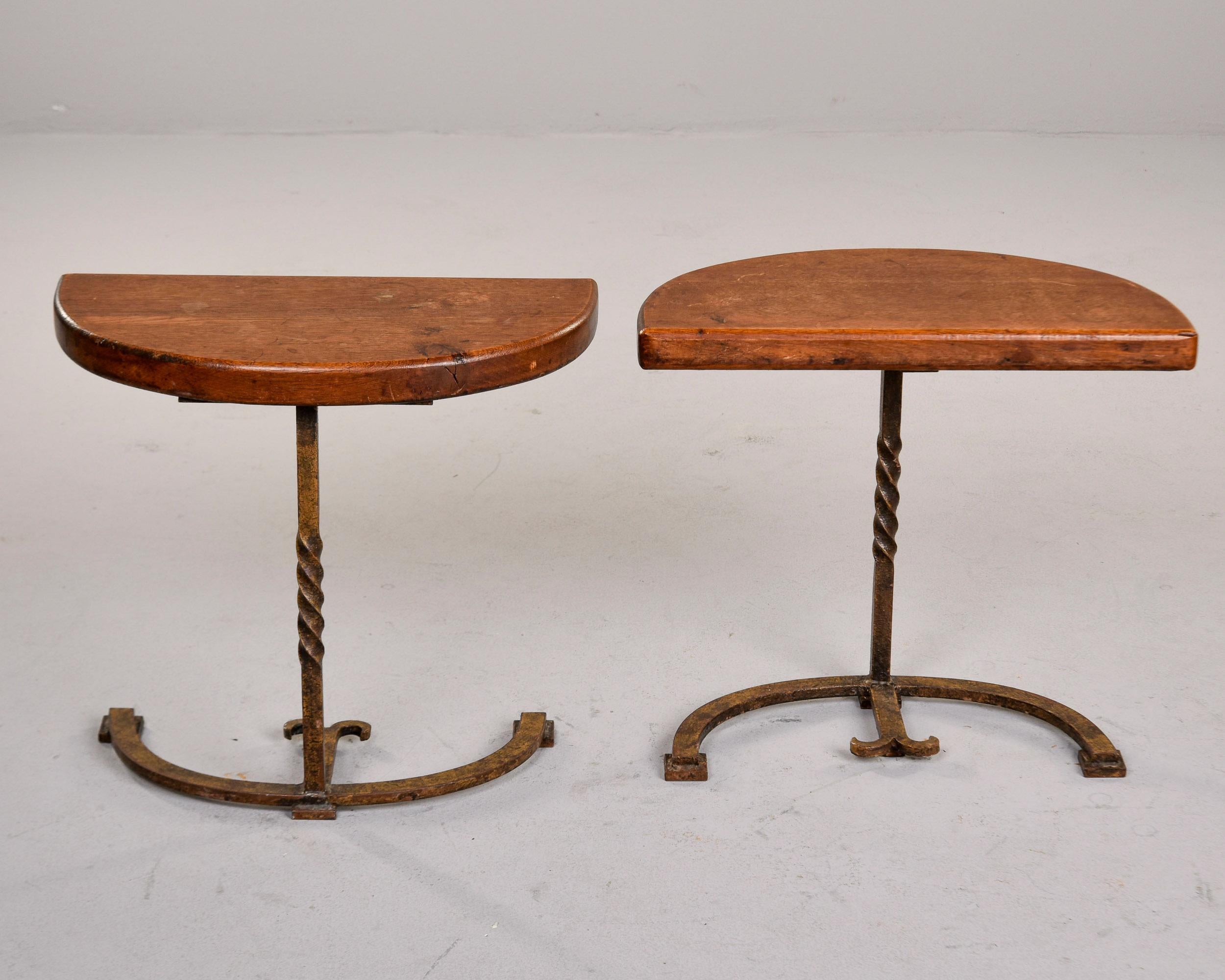 Pair Early 20th C Spanish Half Round Oak Side Tables on Iron Bases For Sale 7