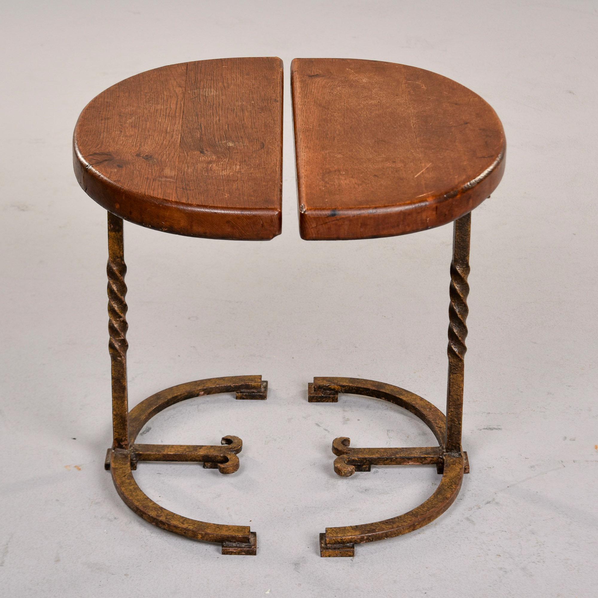 Pair Early 20th C Spanish Half Round Oak Side Tables on Iron Bases In Good Condition For Sale In Troy, MI
