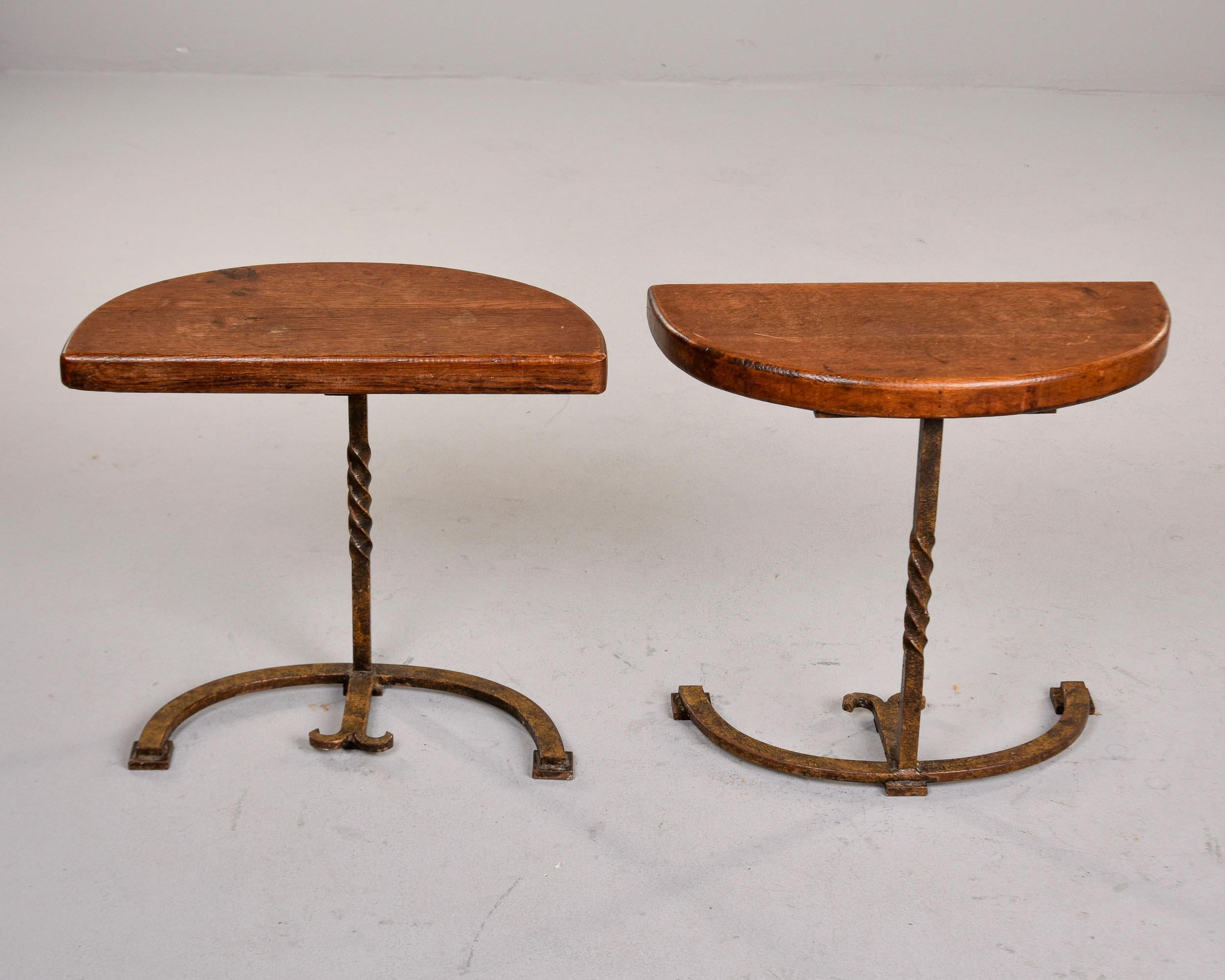 20th Century Pair Early 20th C Spanish Half Round Oak Side Tables on Iron Bases For Sale