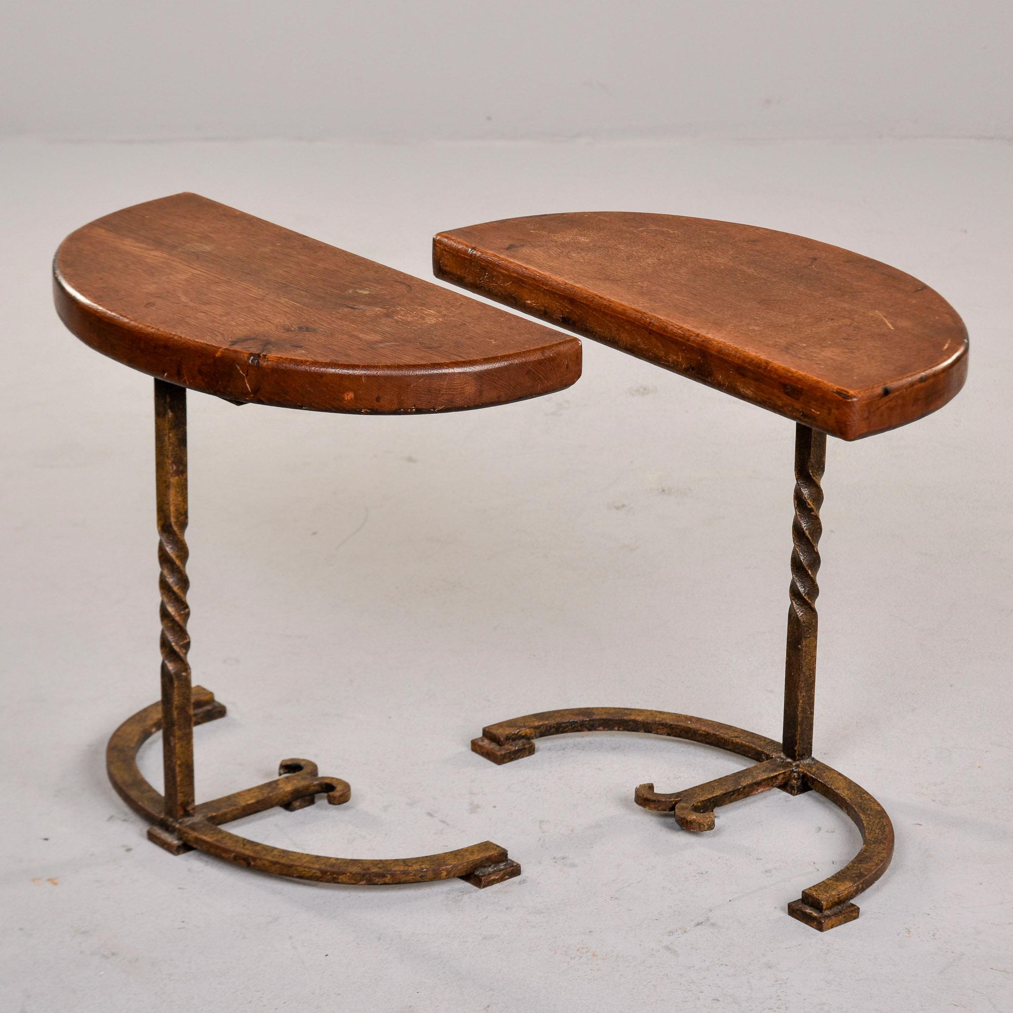 Pair Early 20th C Spanish Half Round Oak Side Tables on Iron Bases For Sale 1
