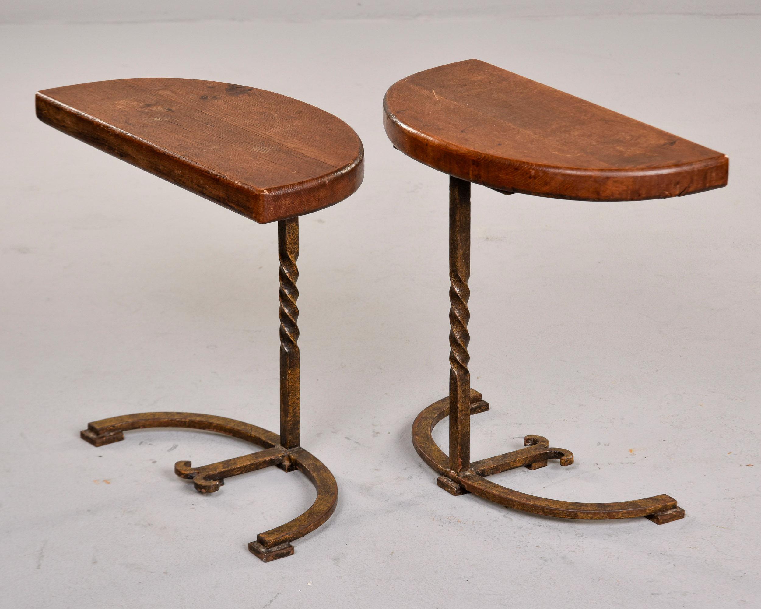 Pair Early 20th C Spanish Half Round Oak Side Tables on Iron Bases For Sale 4