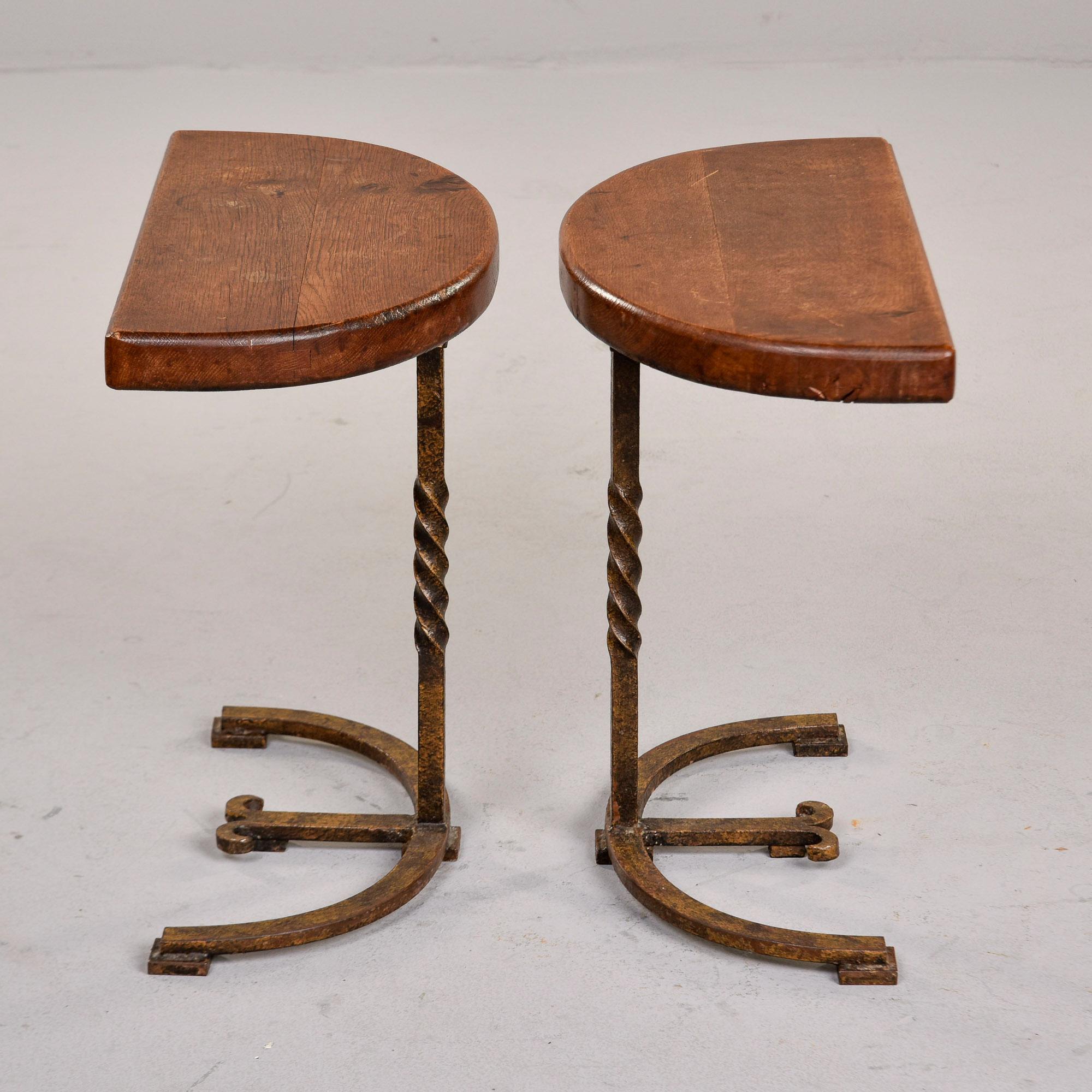 Pair Early 20th C Spanish Half Round Oak Side Tables on Iron Bases For Sale 5