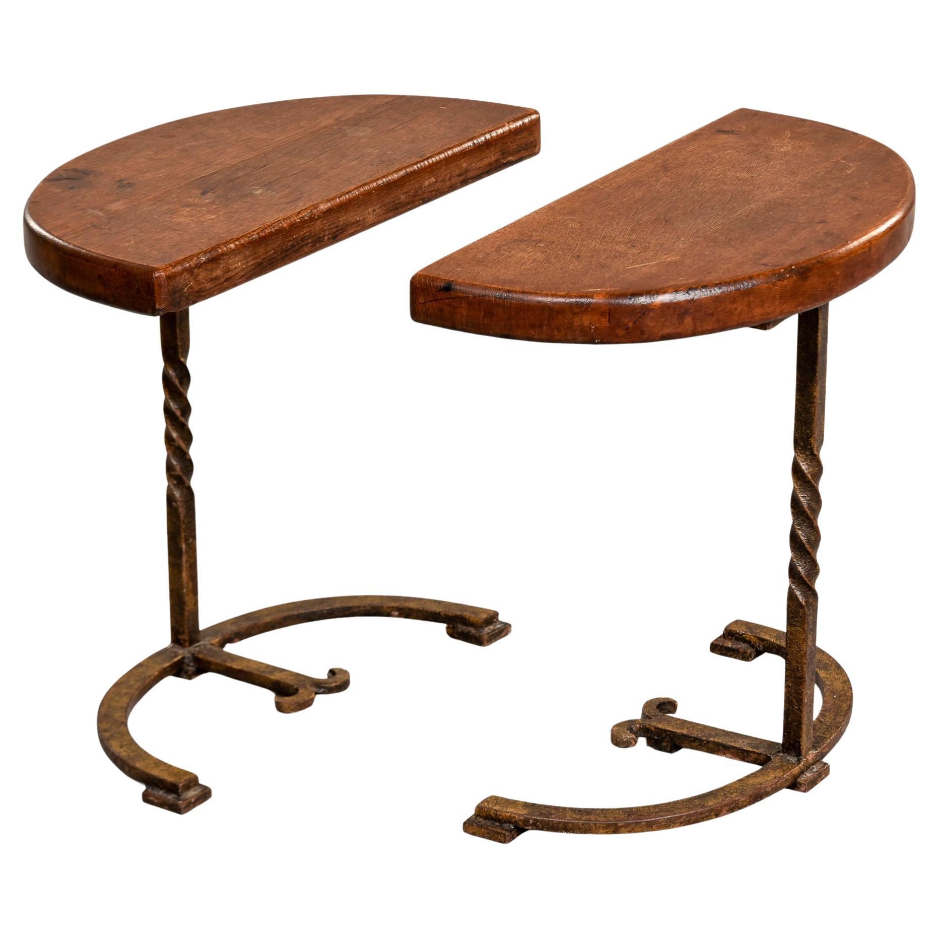 Pair Early 20th C Spanish Half Round Oak Side Tables on Iron Bases