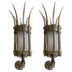 Paire d'appliques à lanterne en bronze à pointes avec verre, du début du 20e siècle, de style victorien américain