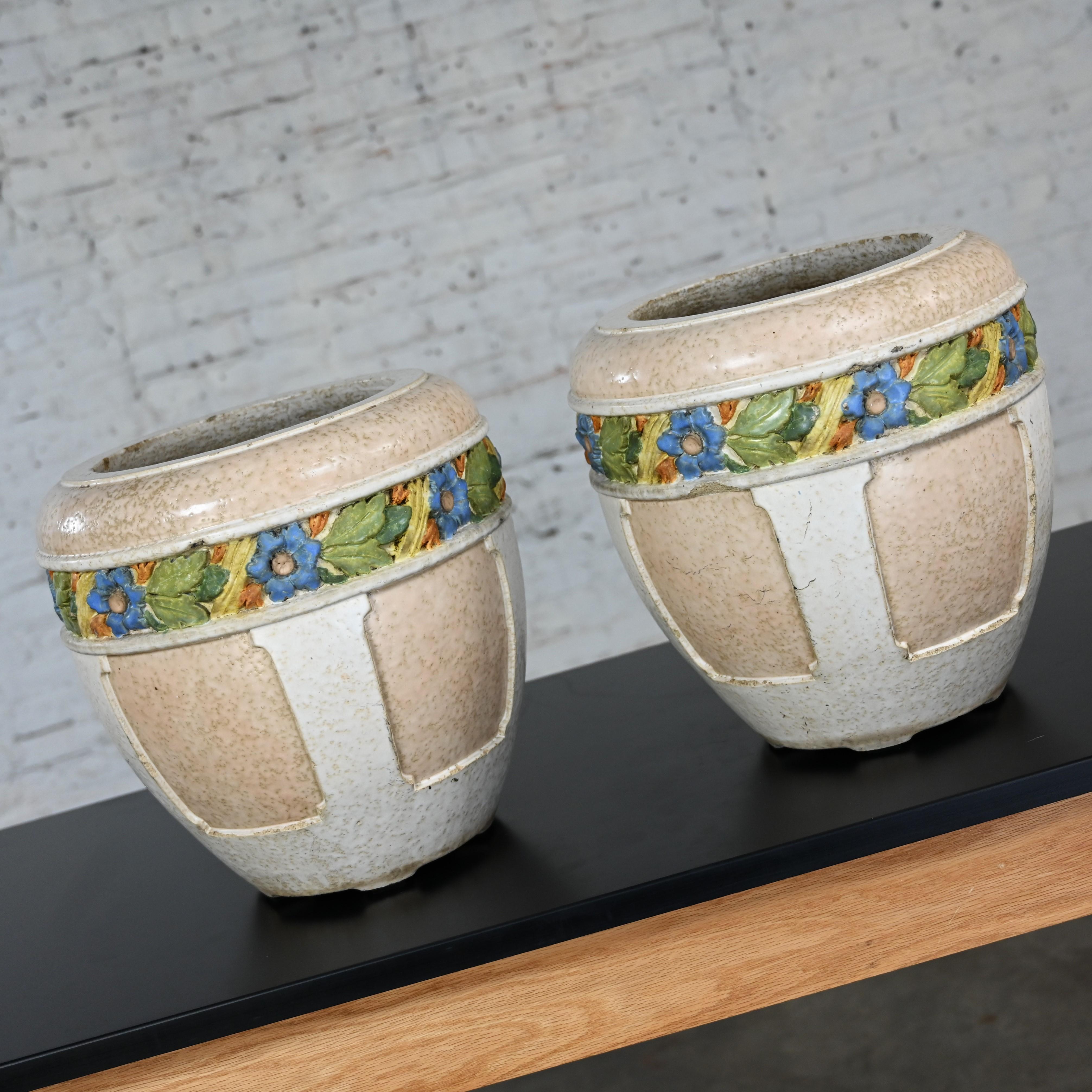 Unknown Pair Early 20th Century Antique Architectural Glazed Terracotta Planters Floral  For Sale