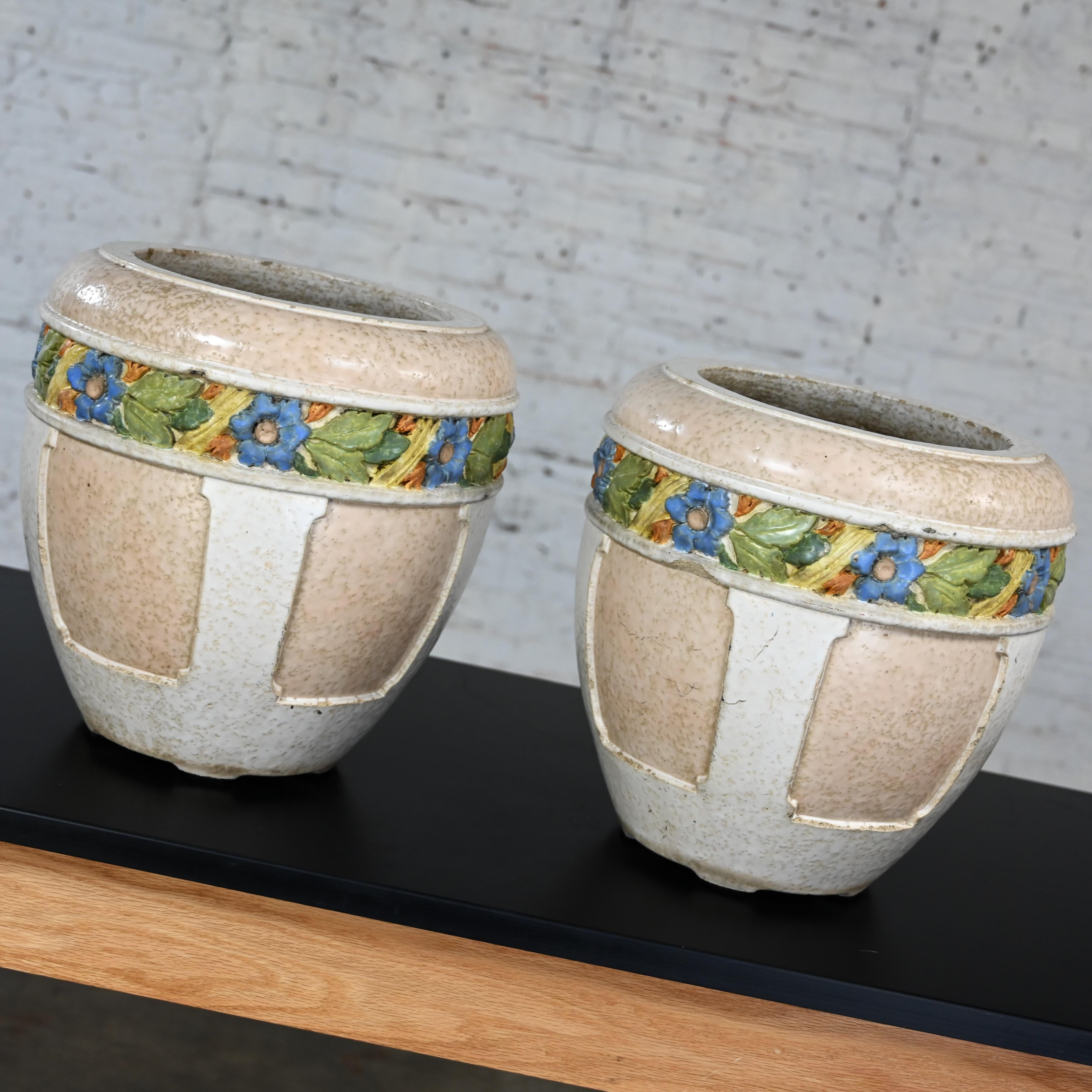 Pair Early 20th Century Antique Architectural Glazed Terracotta Planters Floral  In Good Condition For Sale In Topeka, KS