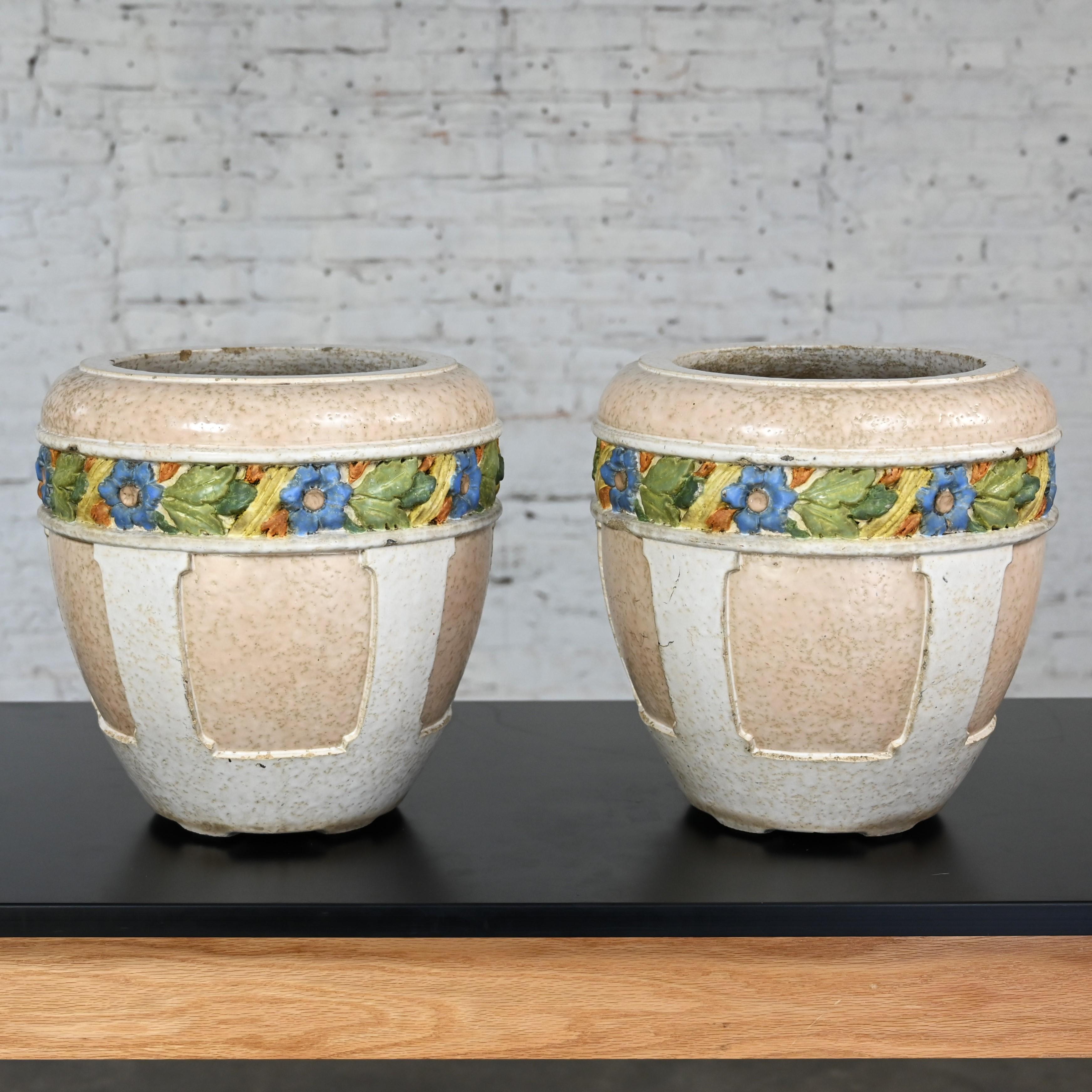 Pair Early 20th Century Antique Architectural Glazed Terracotta Planters Floral  For Sale 2