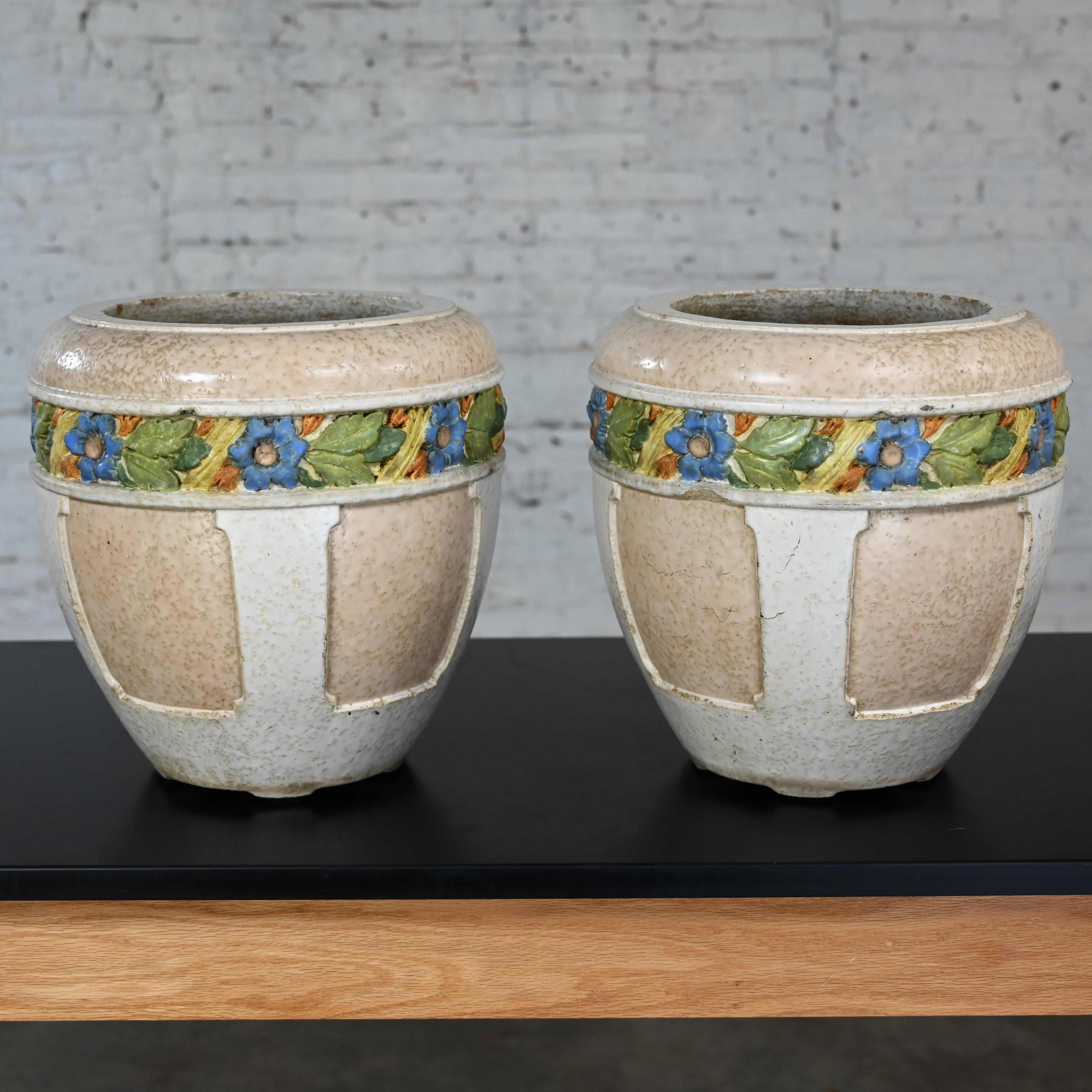 Pair Early 20th Century Antique Architectural Glazed Terracotta Planters Floral  For Sale 3