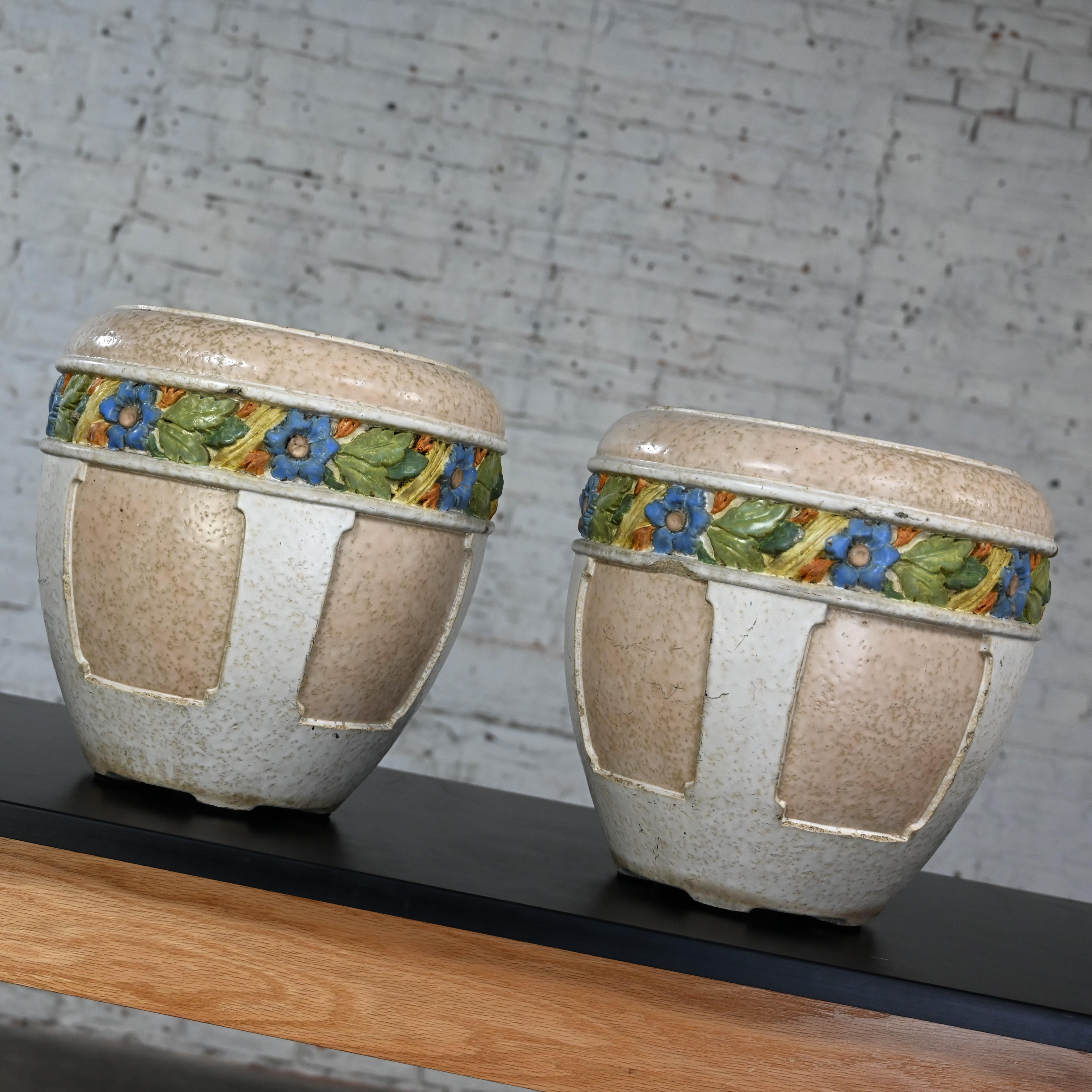 Pair Early 20th Century Antique Architectural Glazed Terracotta Planters Floral  For Sale 4