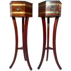 Pair Early 20th Century Antique Brass and Mahogany Plant Stands